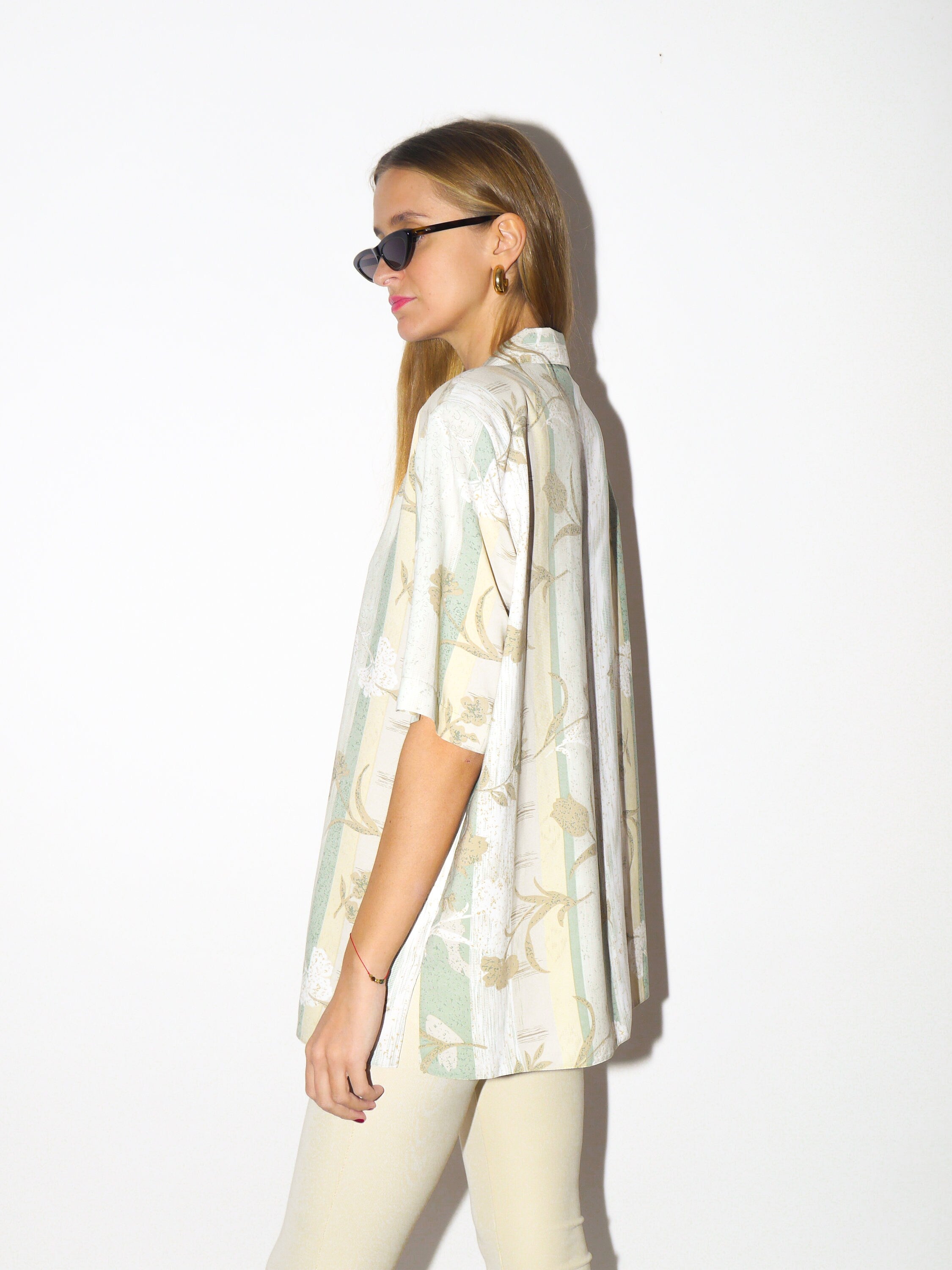 VINTAGE short sleeve shirt 1980s | shirt with shoulder pads in green and beige pattern | retro oversize unisex shirt