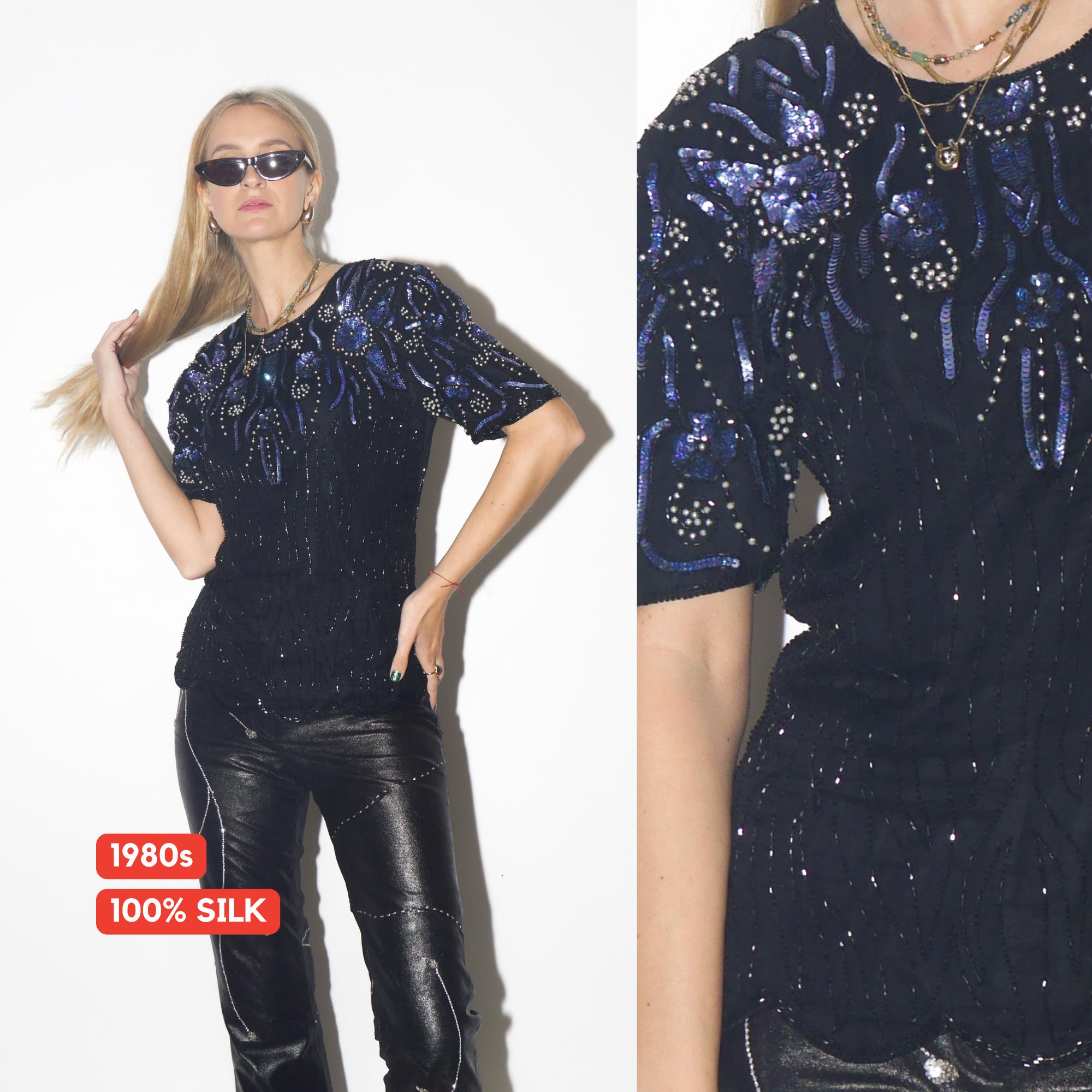 VINTAGE Silk black blouse with sequins from 1980s with short sleeve and beads