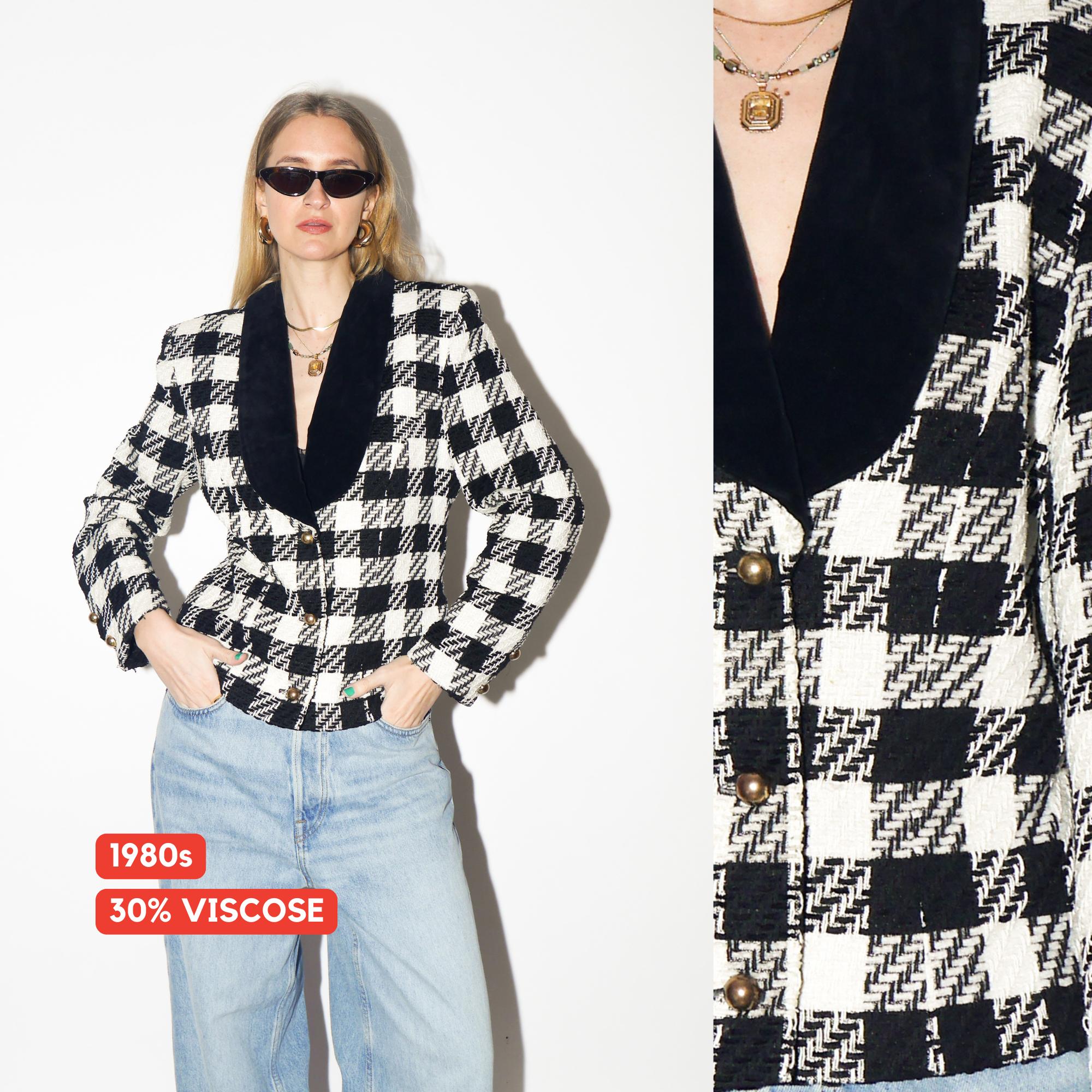 VINTAGE Houndstooth Blazer from 1980s with Black Velvet Collar with Viscose