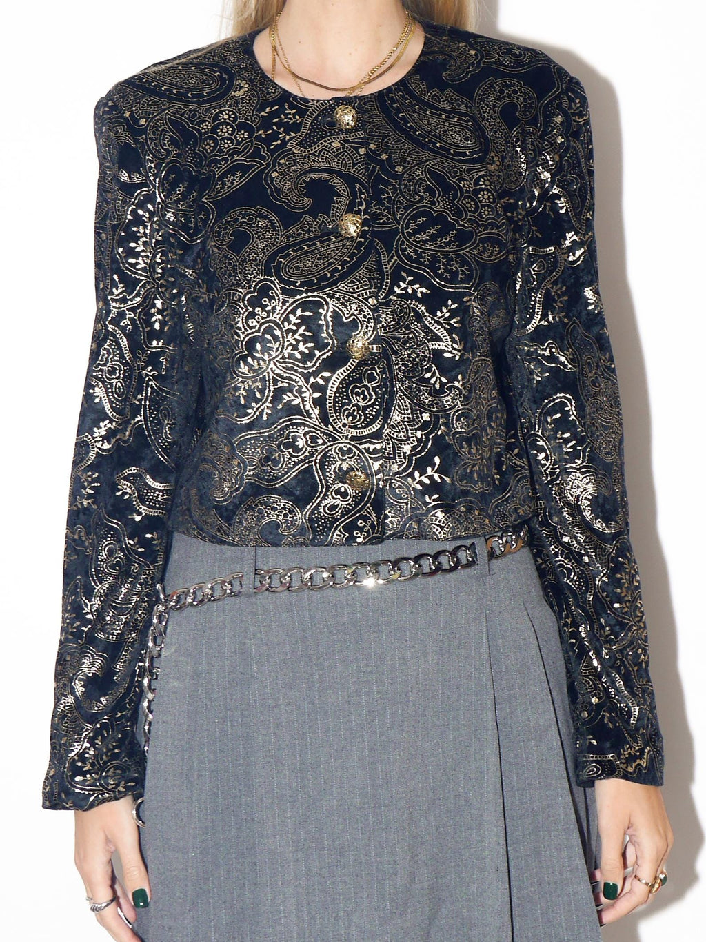 VINTAGE Black Velvet Cropped Blazer With Gold Metallic Pattern And Shoulder Pads From The 1980s By Vera Mont