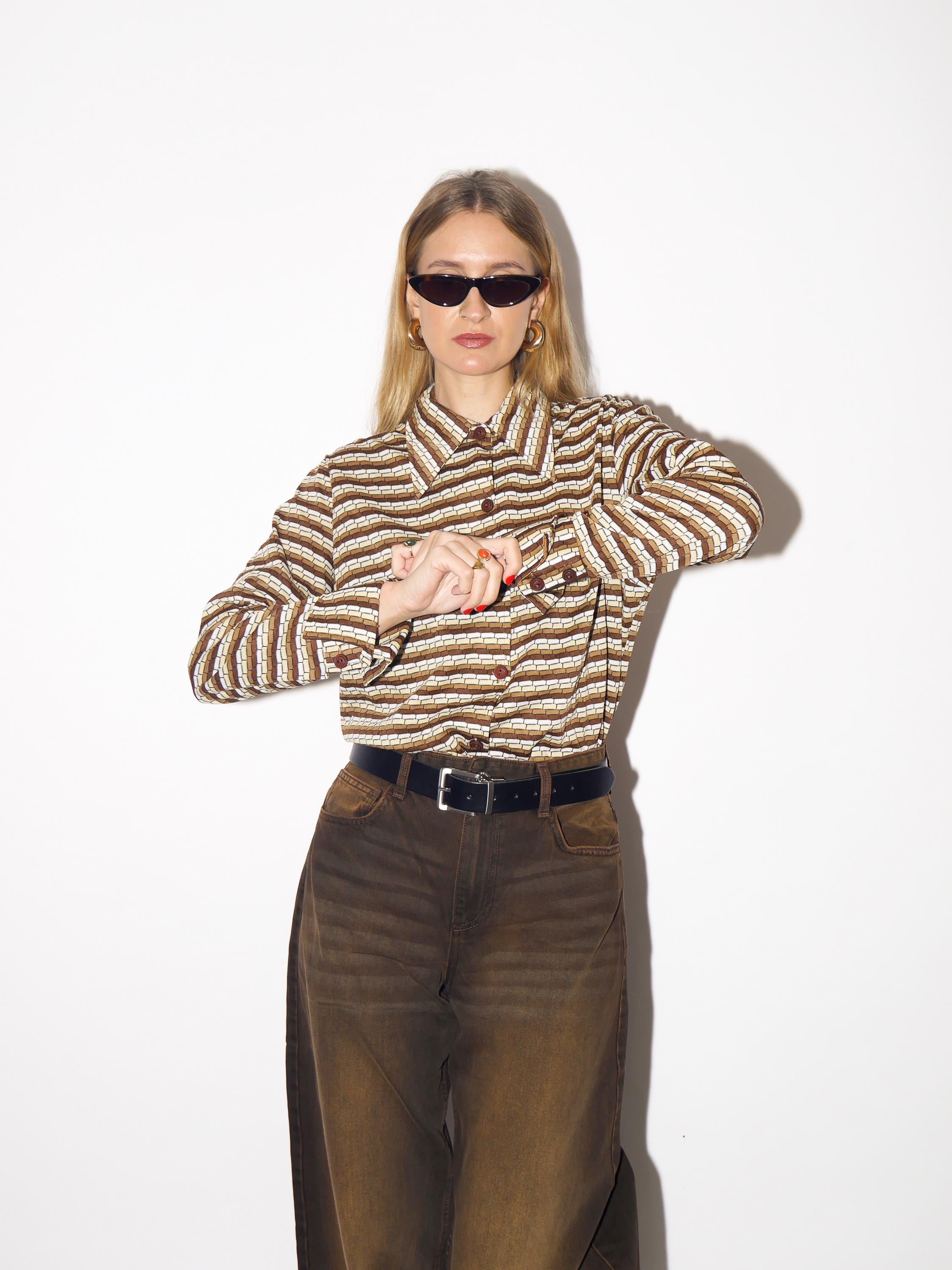VINTAGE blouse from 1970s with statement collar in beige brown stripes by Apart®