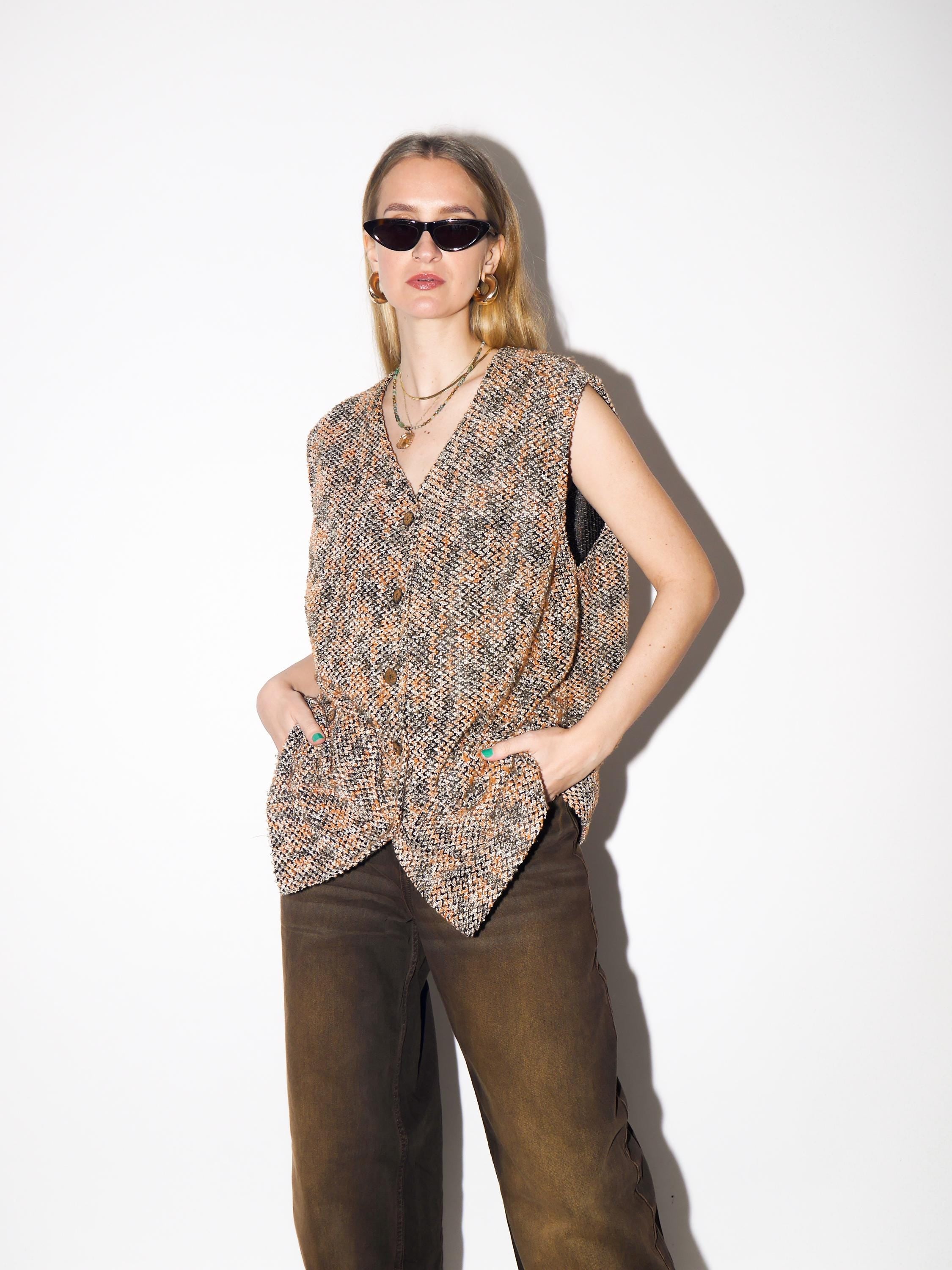 VINTAGE Knitted Boucle Vest from 1980s in Orange and Black with Cotton