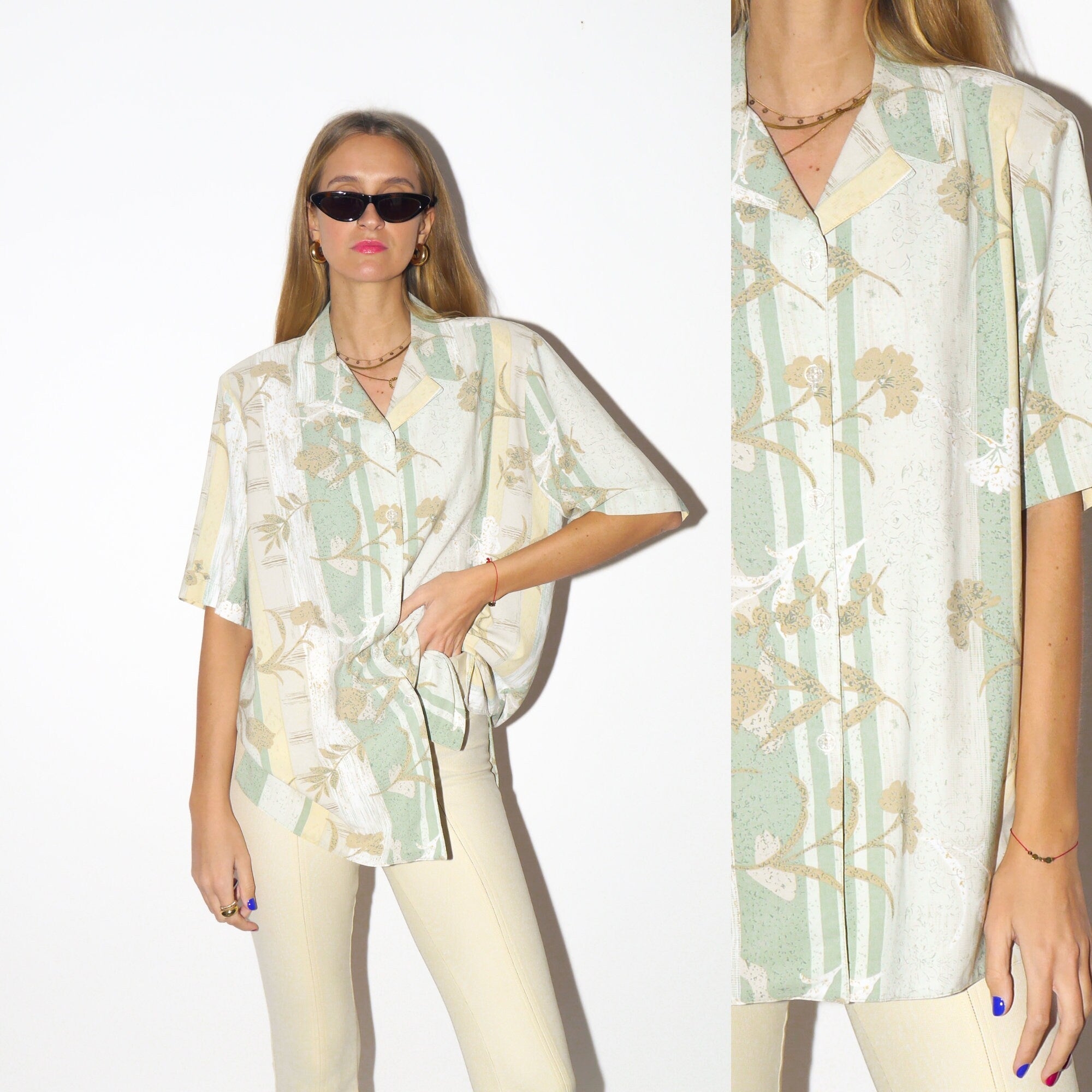 VINTAGE short sleeve shirt 1980s | shirt with shoulder pads in green and beige pattern | retro oversize unisex shirt