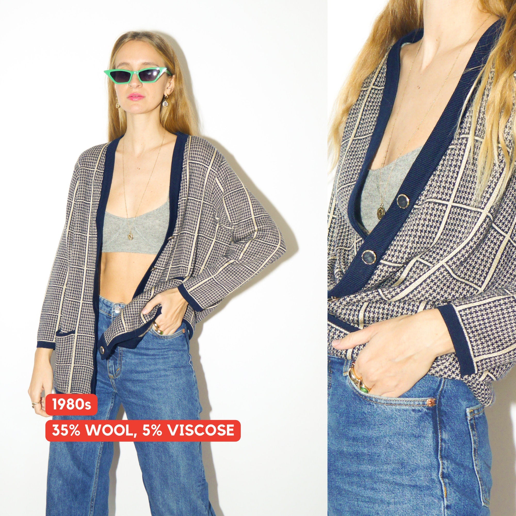 VINTAGE wool and viscose vintage cardigan 80s | navy and gold checkered cardigan from 80s | oversize fits sizes from XS to XL