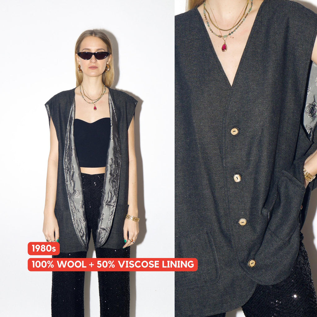 VINTAGE wool gray vest from 1980s in oversize fit with silky viscose lining