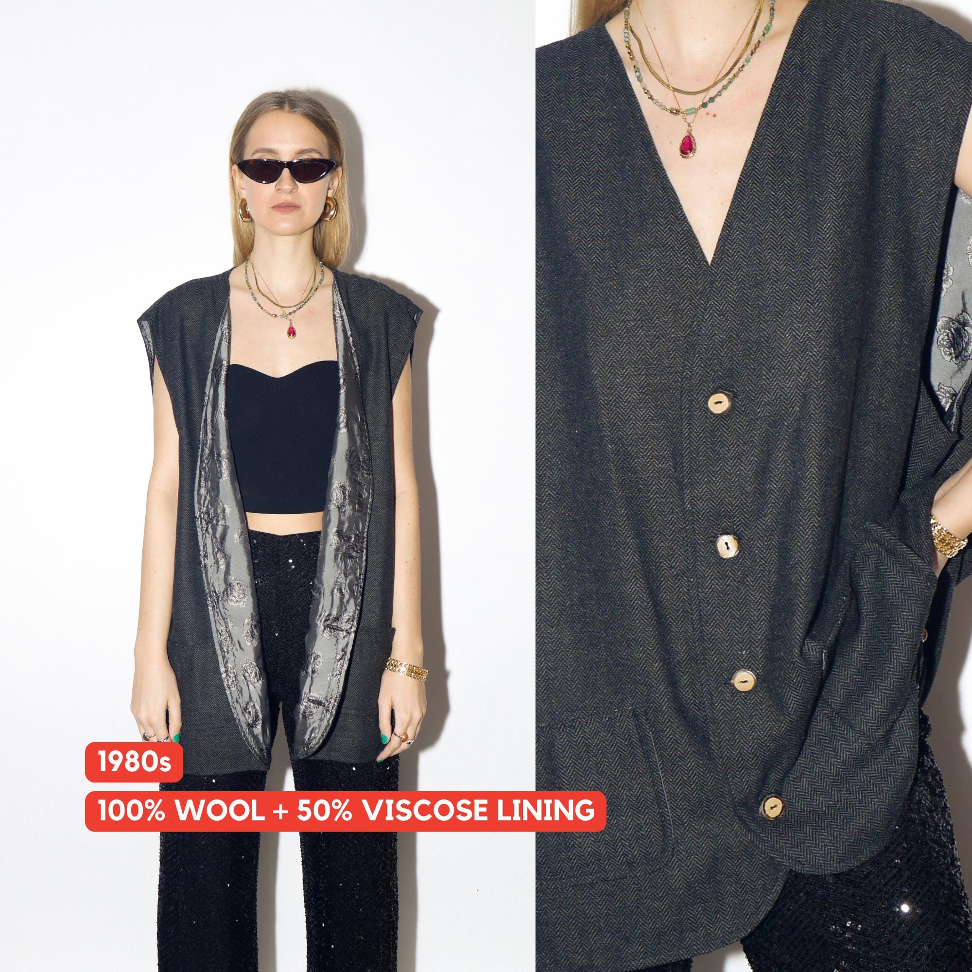 VINTAGE wool gray vest from 1980s in oversize fit with silky viscose lining