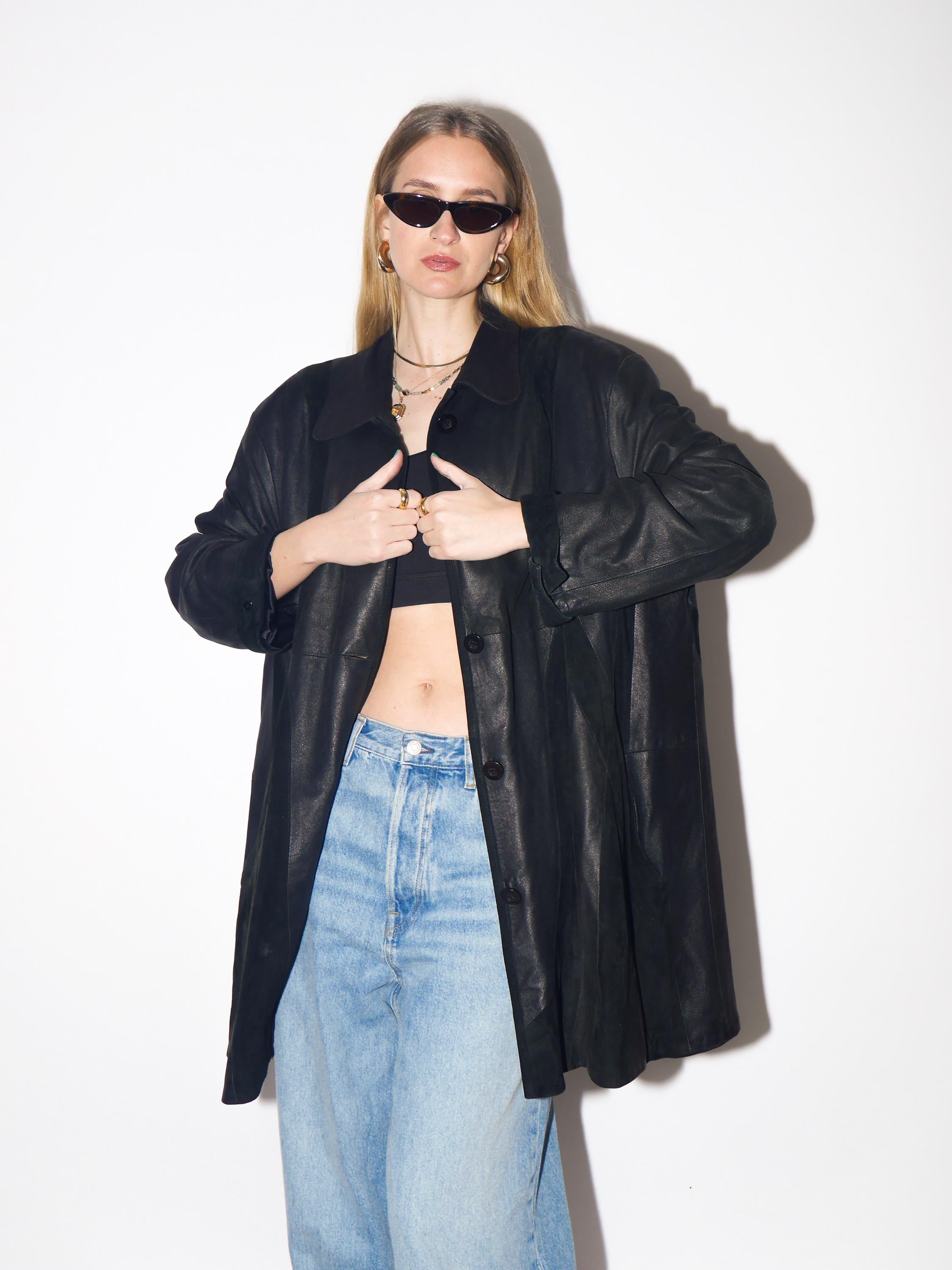 VINTAGE Black Leather Suede Jacket from 1980s | Retro Black Suede Coat