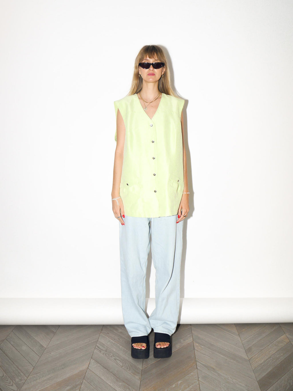 VINTAGE Neon Pistachio Green Statement Vest With Metal Buttons From The 1980s