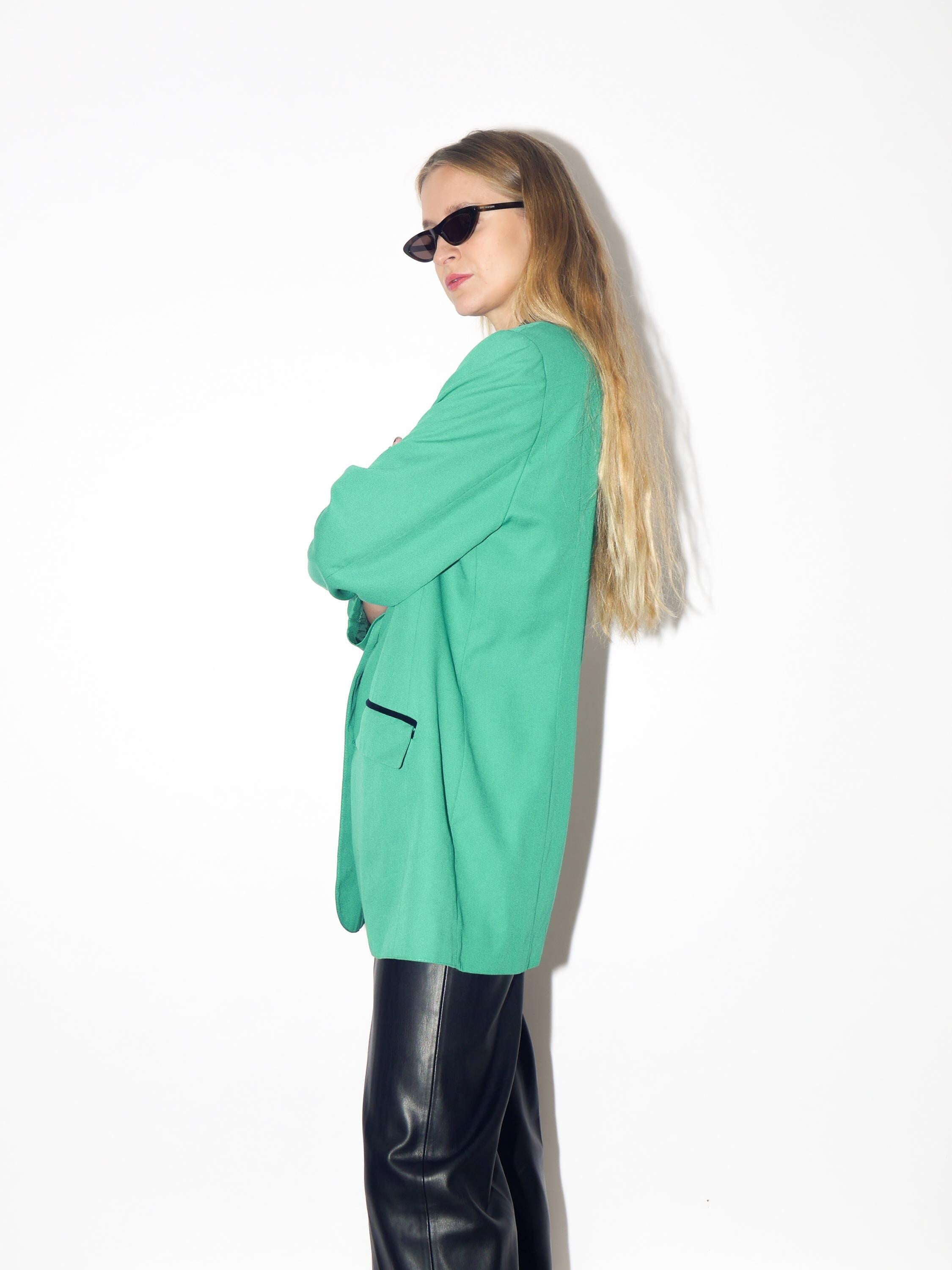 VINTAGE Green Oversized Blazer With Black Velvet Collar And Gold Buttons From The 1980s