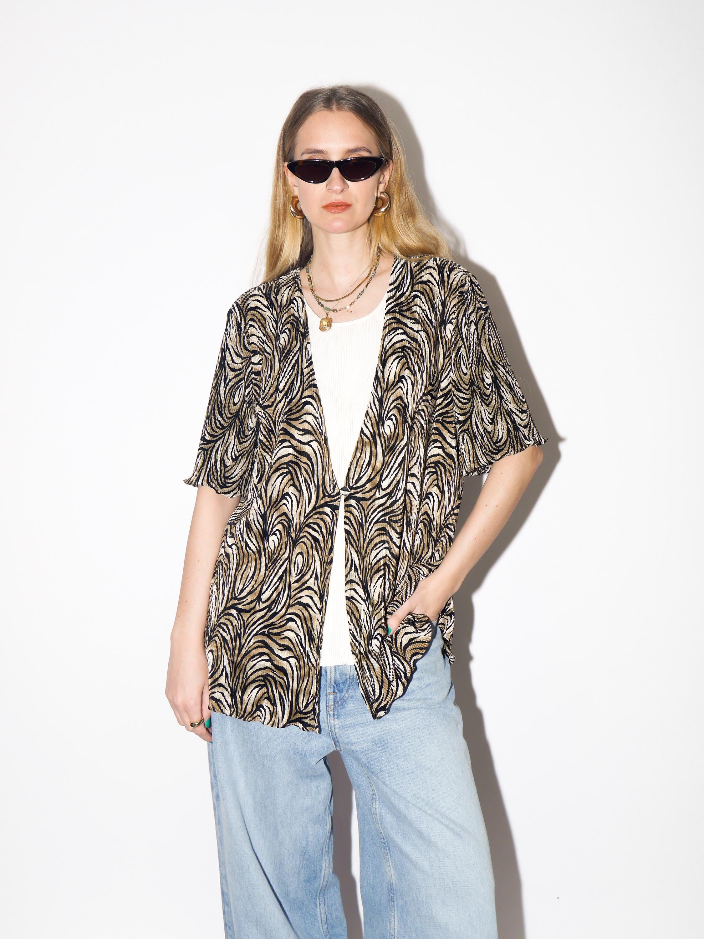 VINTAGE White and Animal Print Pleated Blouse from 1990s by Biaggini®