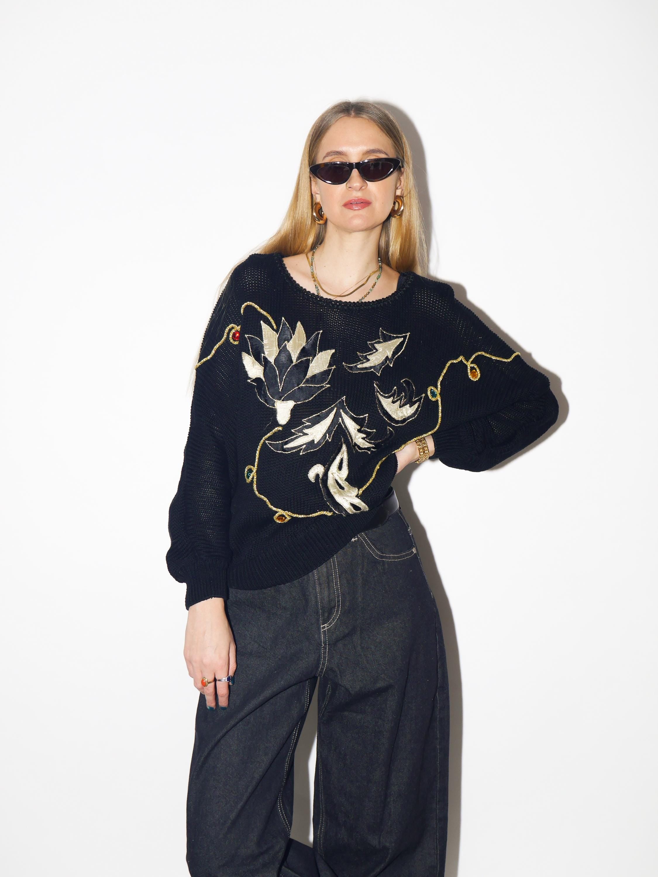 VINTAGE black oversize cotton sweater from 1980s with gold embroidery