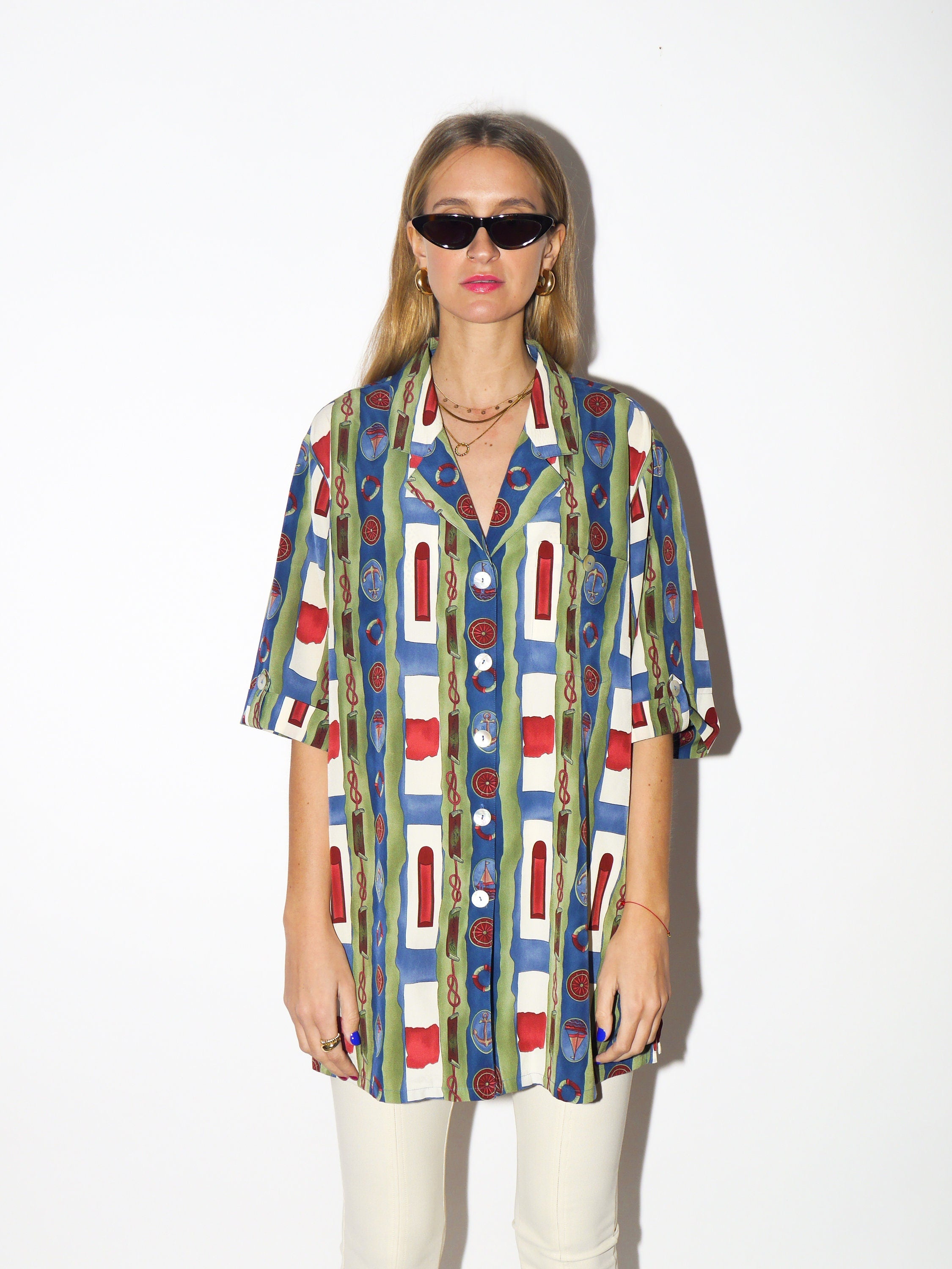 VINTAGE short sleeve shirt 1980s | unisex Franken Wälder green and cream vintage oversize shirt in marine pattern | boats and knots pattern