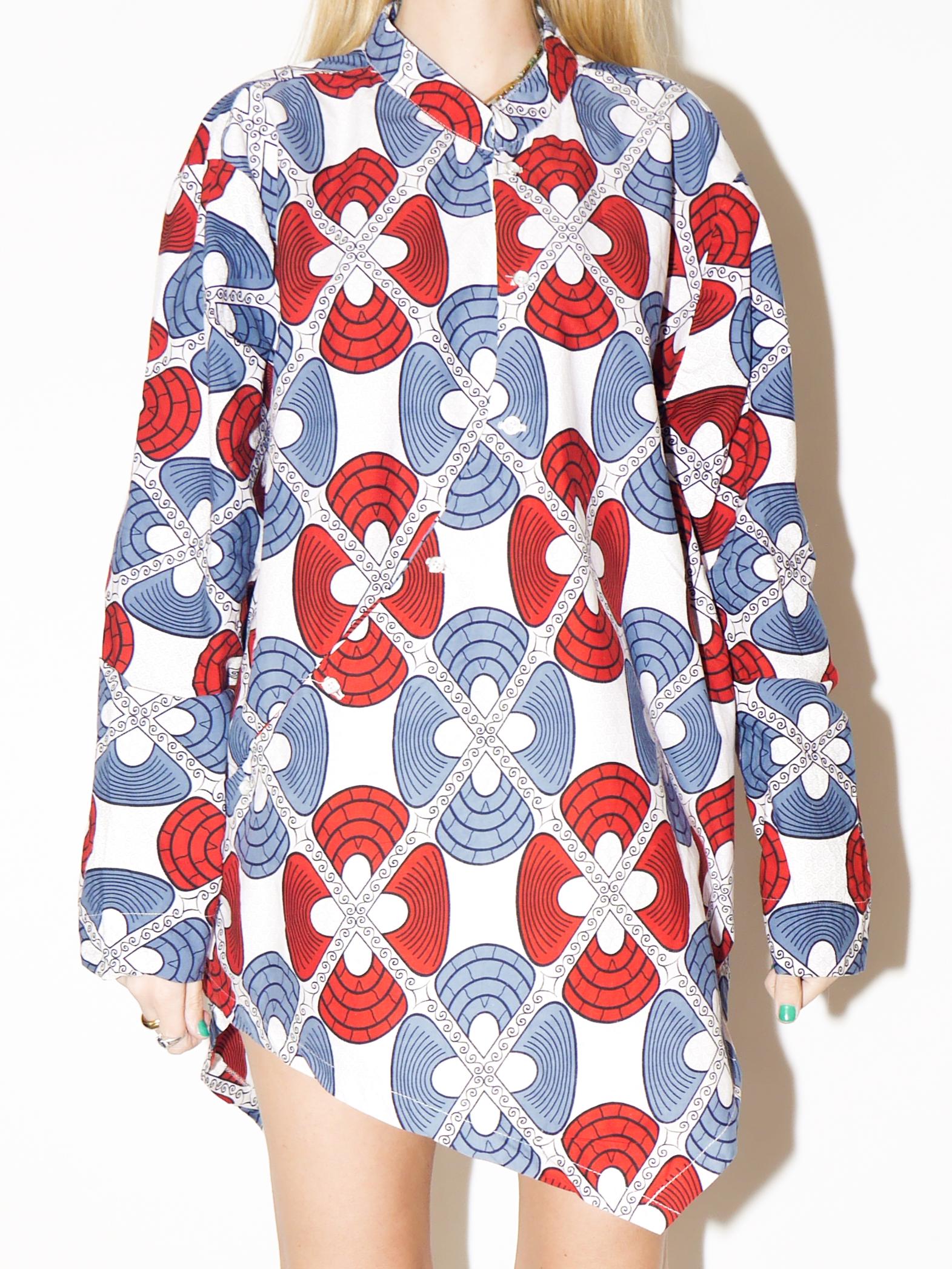 VINTAGE Mini Shirt Dress from 1980s in White Red Blue | Oversized Cotton Dress