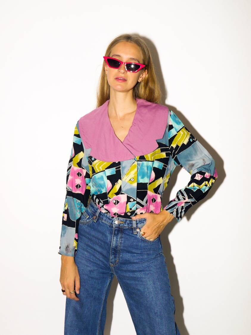 VINTAGE viscose blouse from 1980s | retro black, purple, green, blue abstract print double-breasted buttoned blouse by Kulbach®