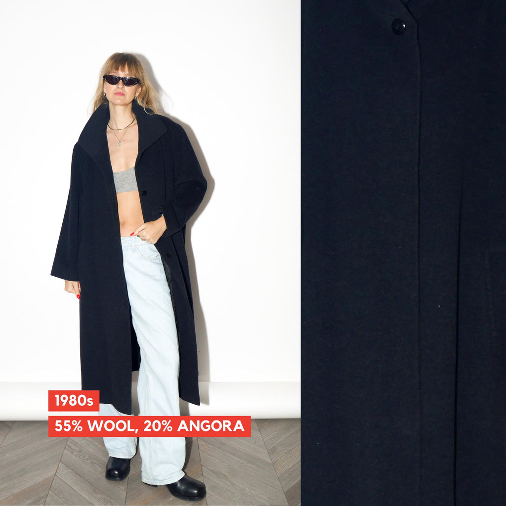 VINTAGE Black Wool And Angora Maxi Coat With Stand Collar From The 1980s By Marco Brunetti