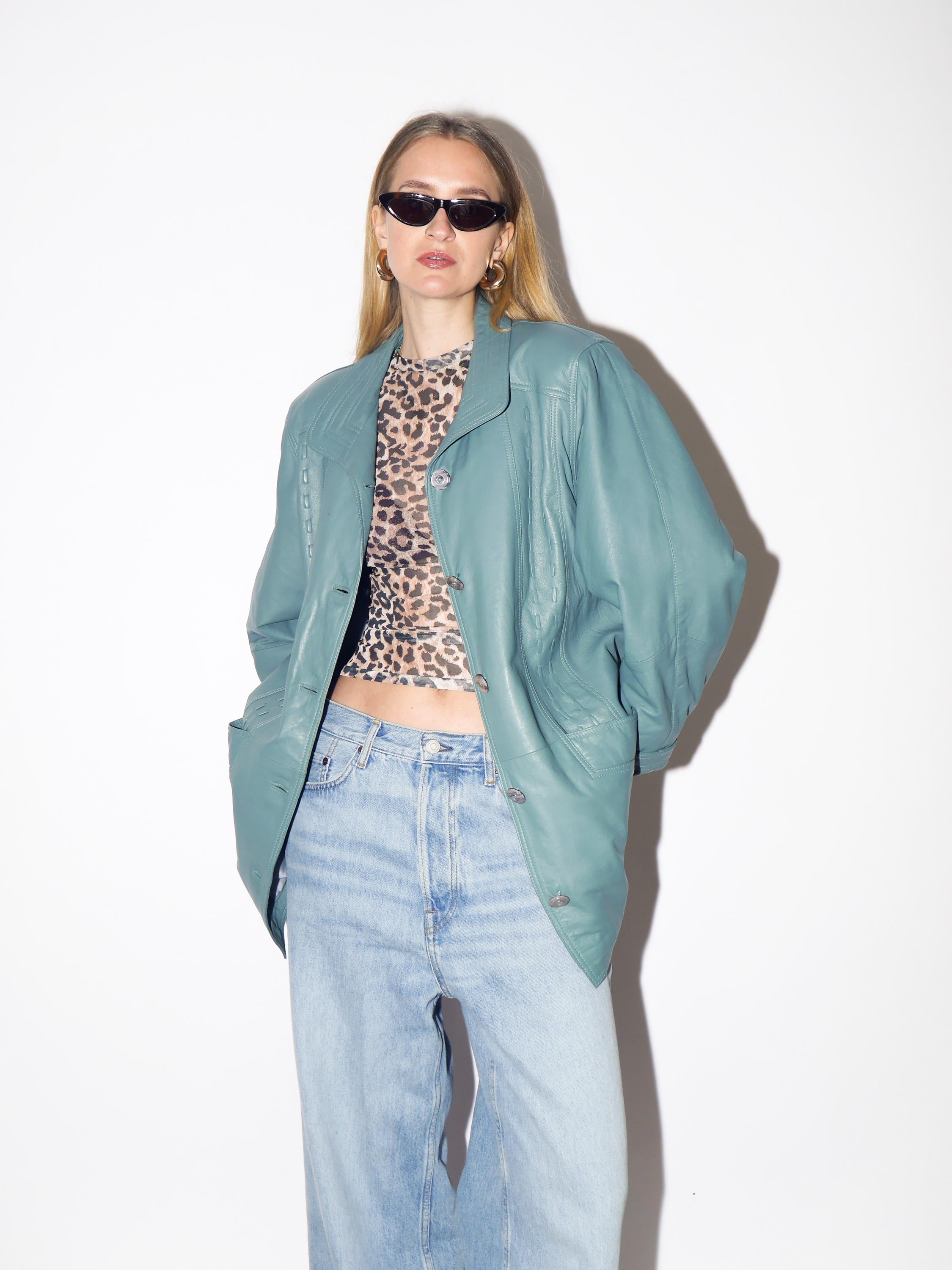 VINTAGE Blue Leather Jacket from 1990s | Oversize Blue Leather Jacket