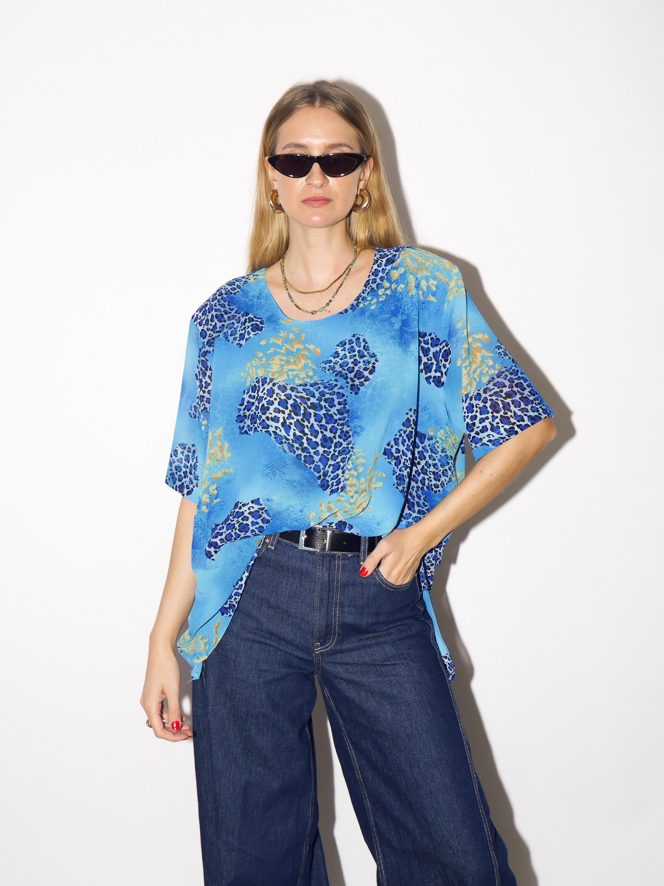 VINTAGE blue cheetah blouse, sheer oversized animal print blouse from 1980s