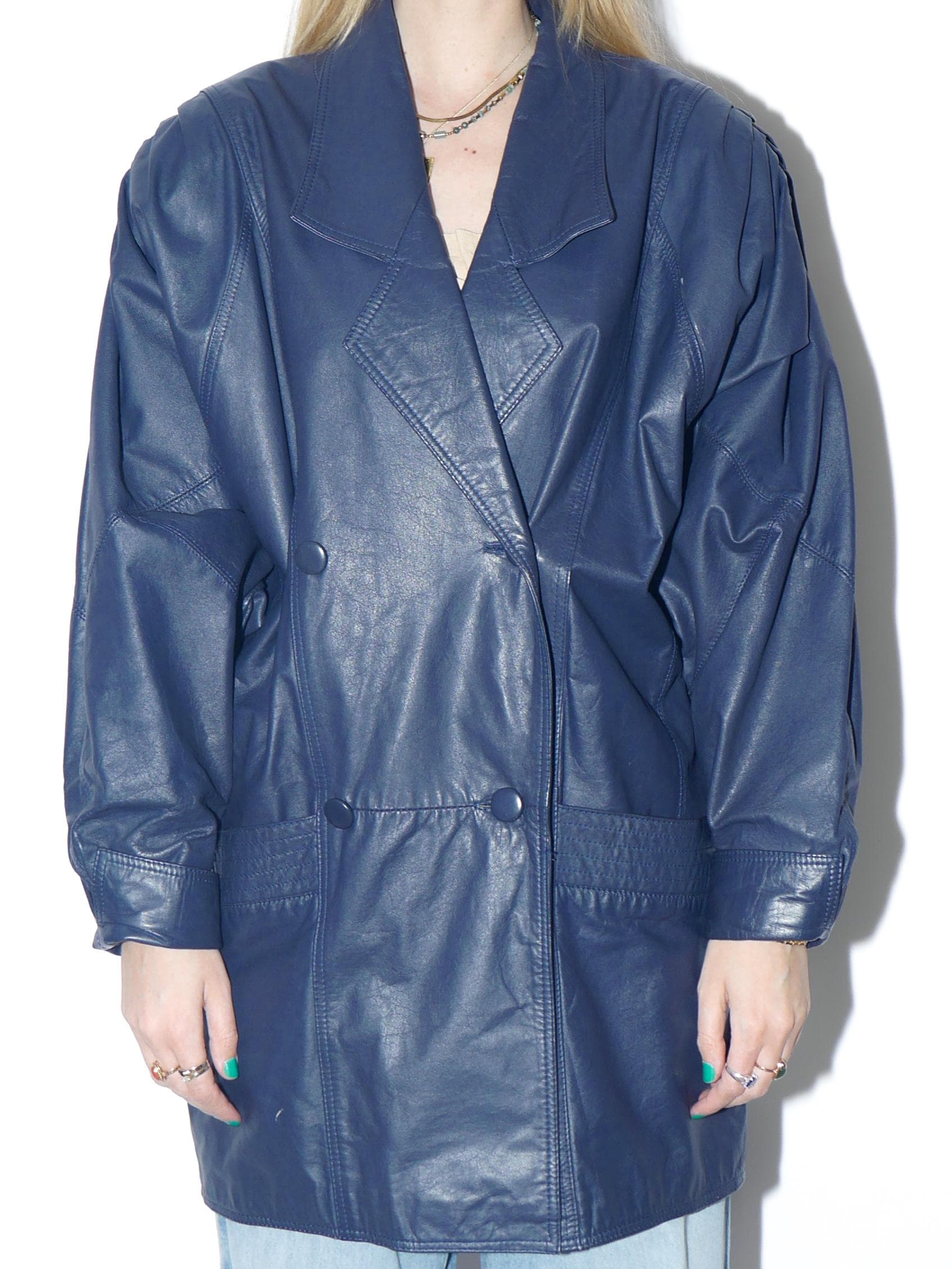 VINTAGE navy blue leather jacket from the 1980s by Renoma® in oversize fit