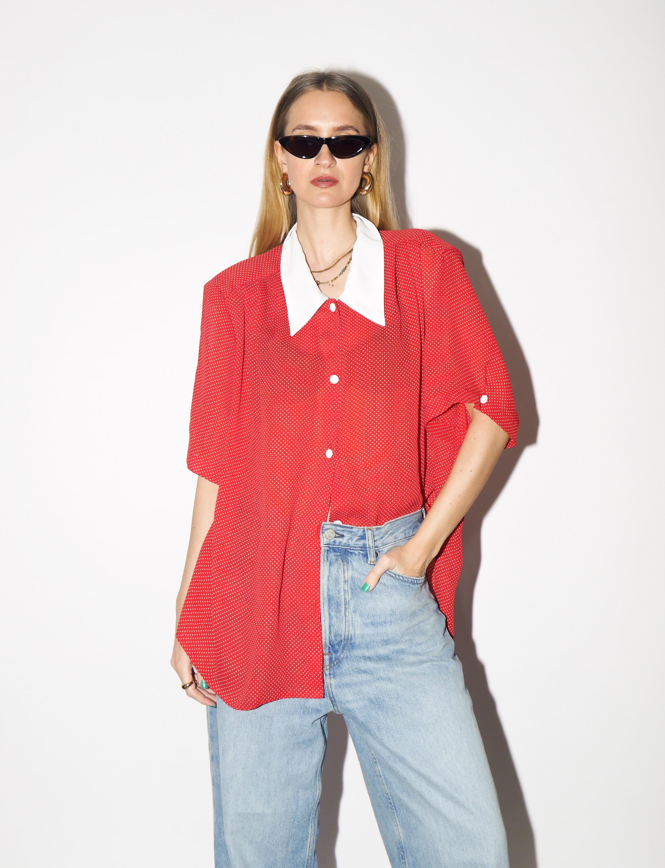 VINTAGE Red Polka Dot Blouse from 1980s | Oversized Short Sleeve Retro Shirt