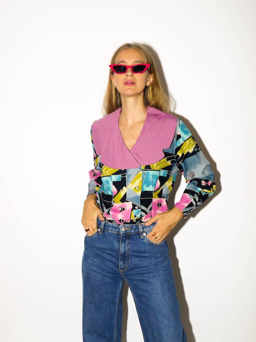 VINTAGE viscose blouse from 1980s | retro black, purple, green, blue abstract print double-breasted buttoned blouse by Kulbach®