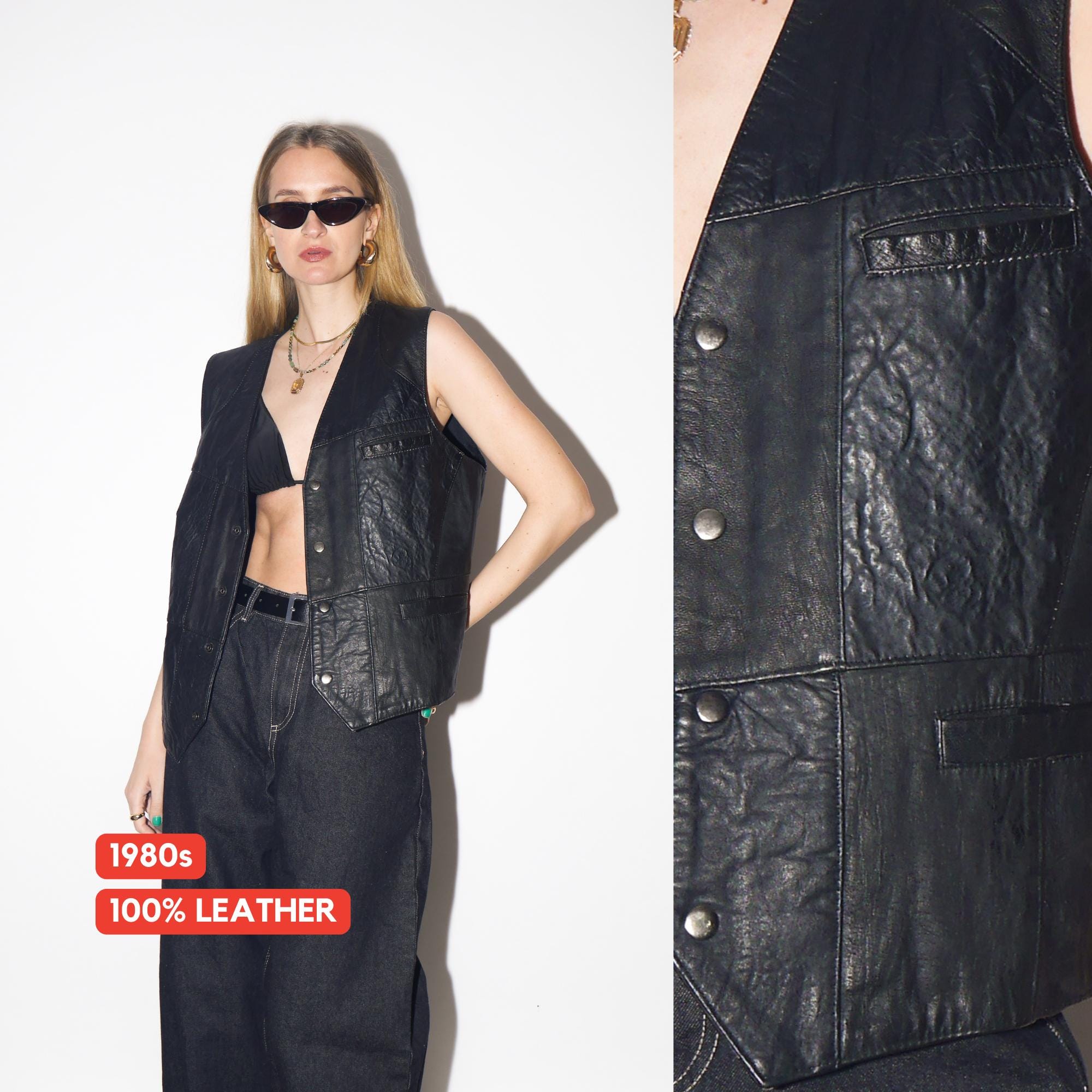 VINTAGE Black Leather Vest from 1980s | Oversized Biker Waistcoat w/Snap Buttons
