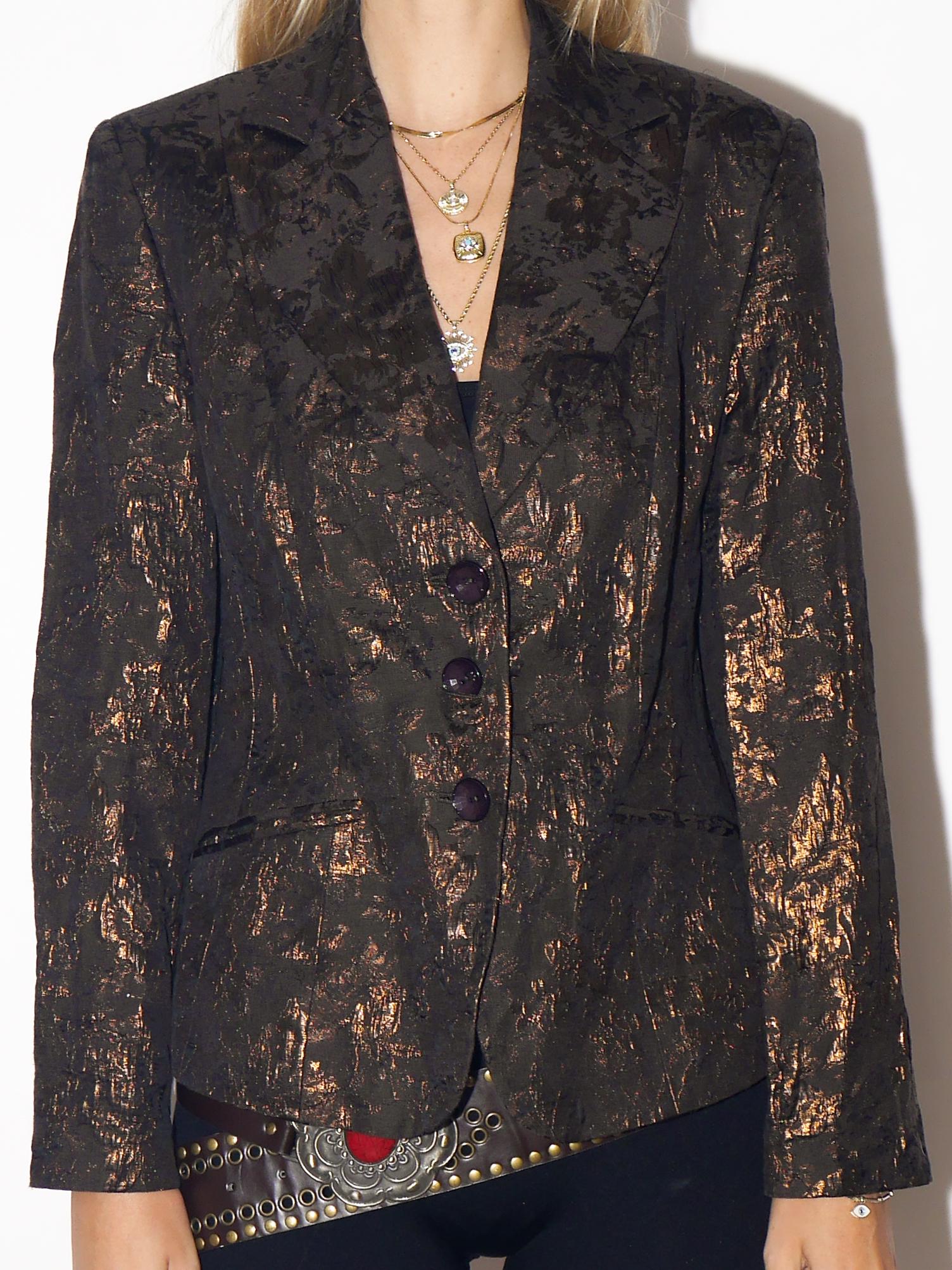 VINTAGE Brown Cotton Blend Blazer With Shiny Floral Pattern From The 2000s By Bianca