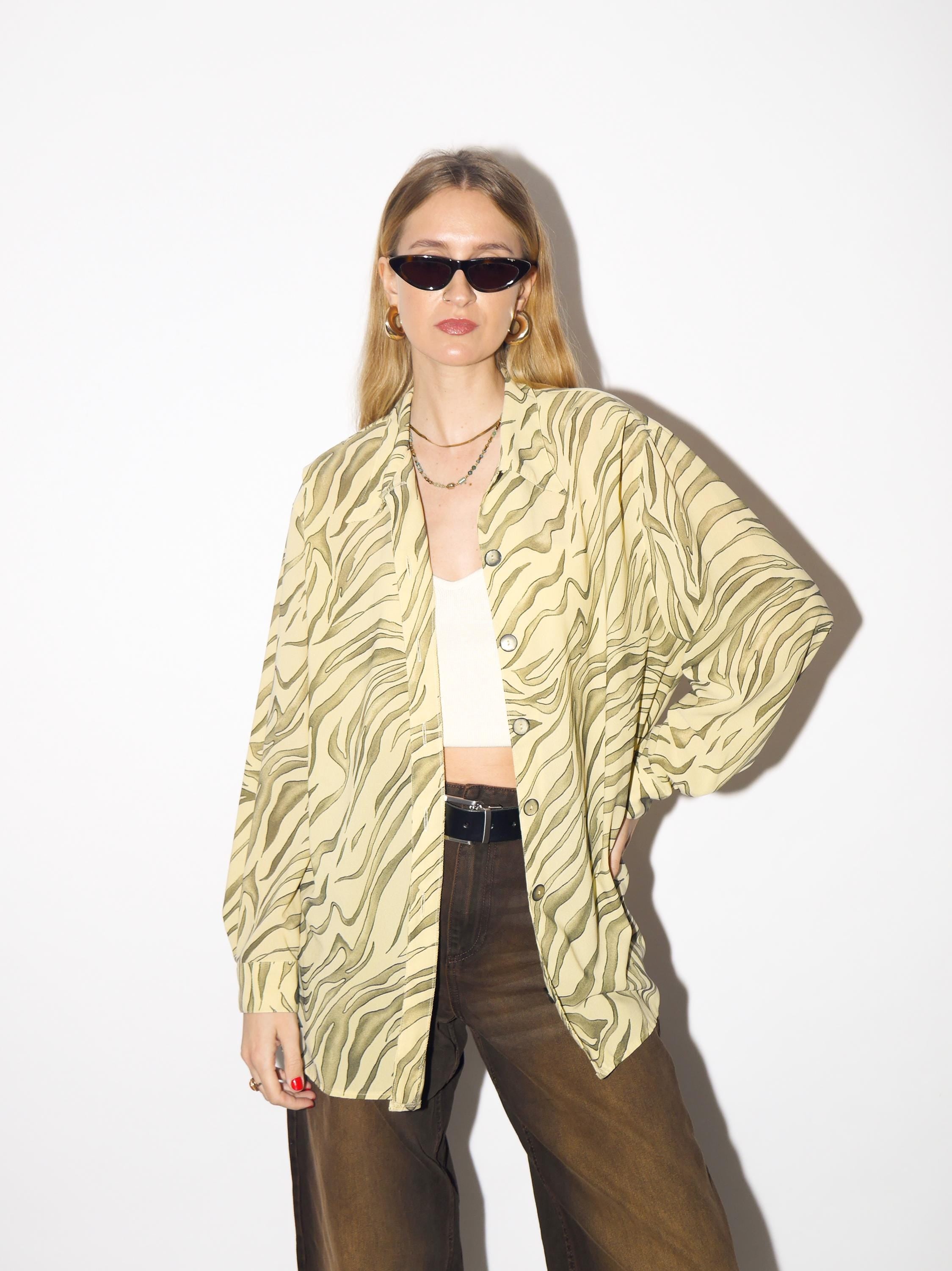 VINTAGE zebra shirt in yellow and green animal print from 1980s by Seidel Moden®