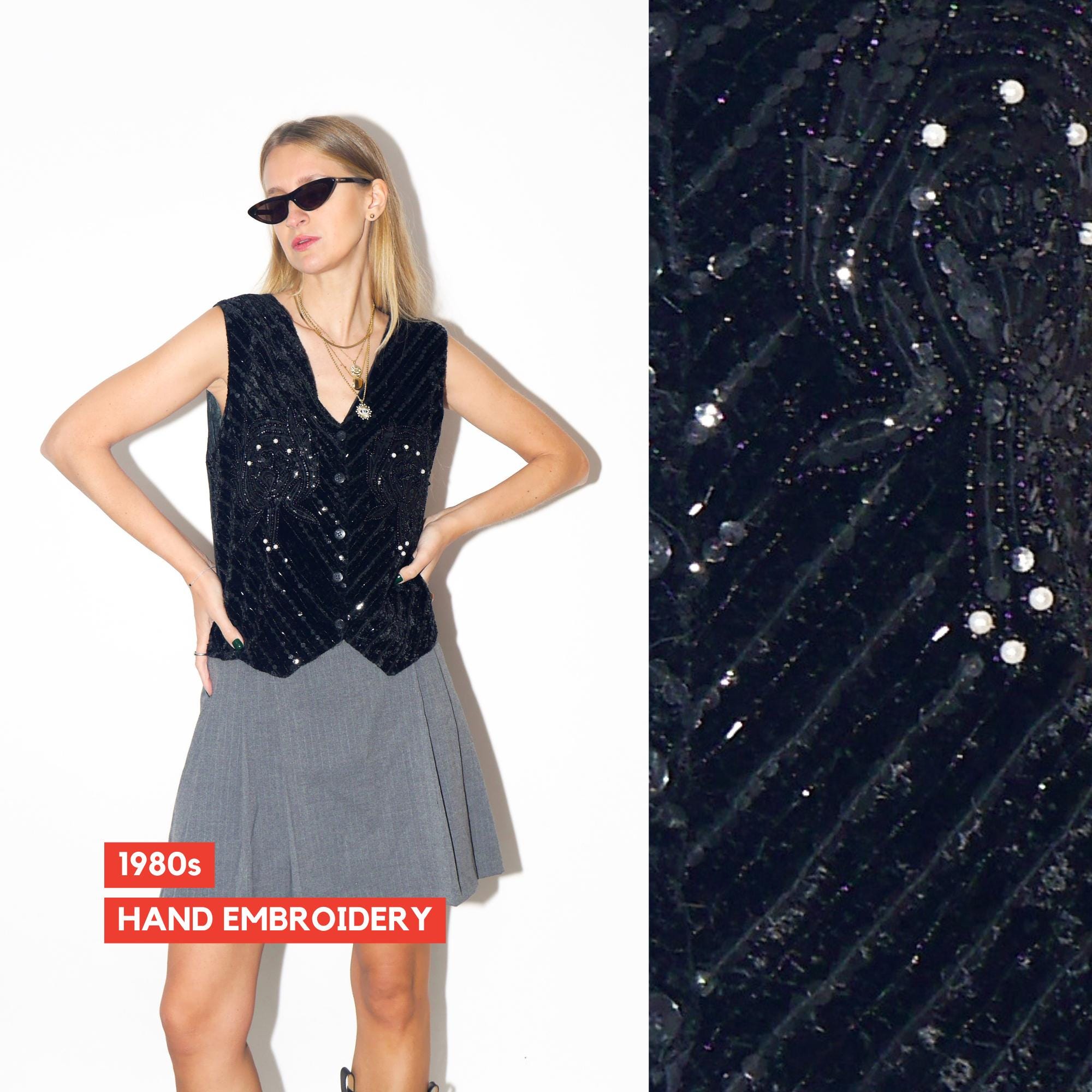 VINTAGE Black Velvet Embroidered Vest With Pearls And Sequins From The 1980s