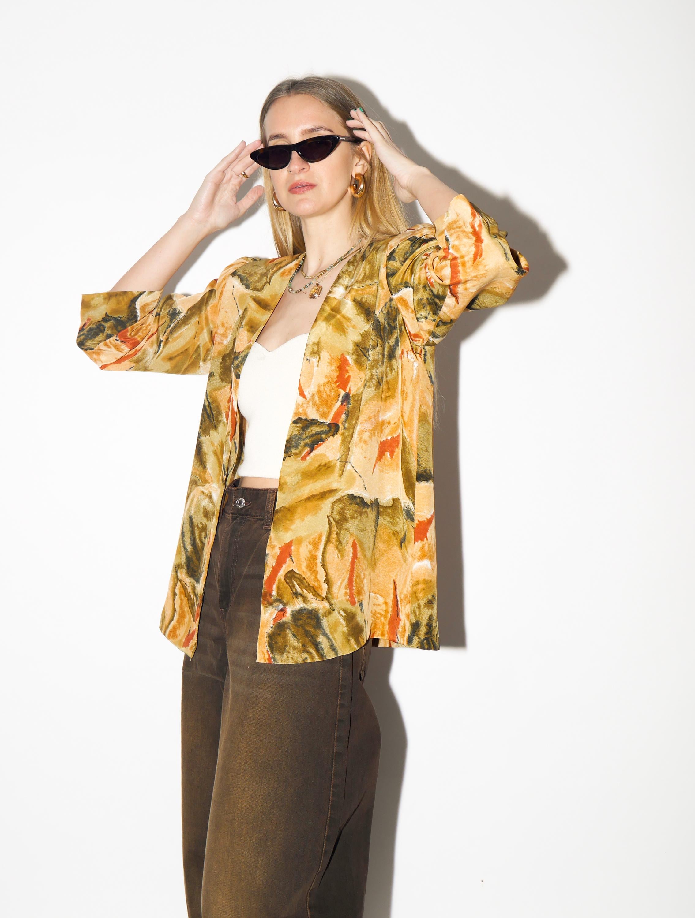 VINTAGE Yellow Abstract Blouse from 1980s | Open Front Flowy Orange Blouse
