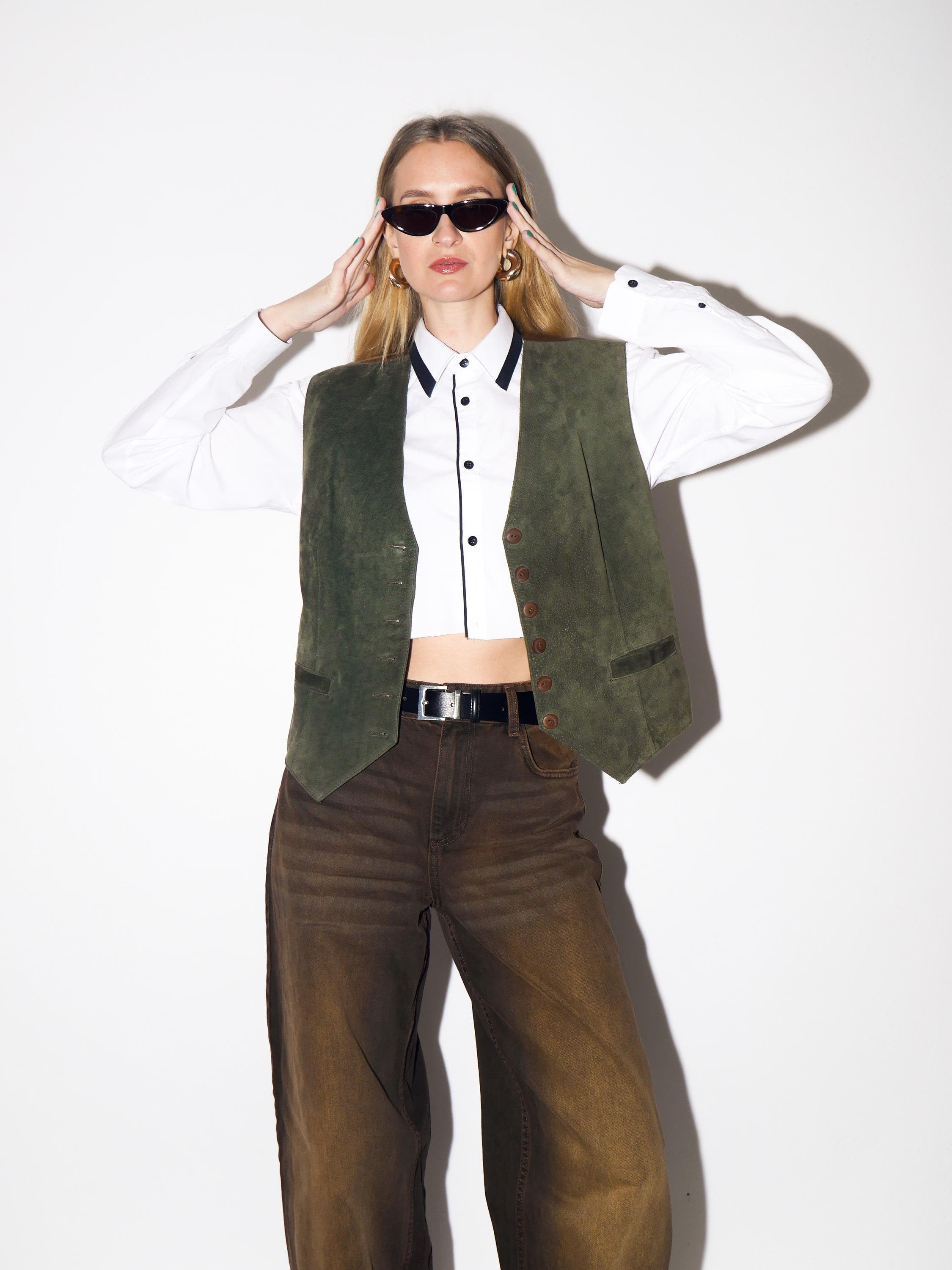 VINTAGE Bottle Green Suede Leather Vest from 1980s by Kippie®