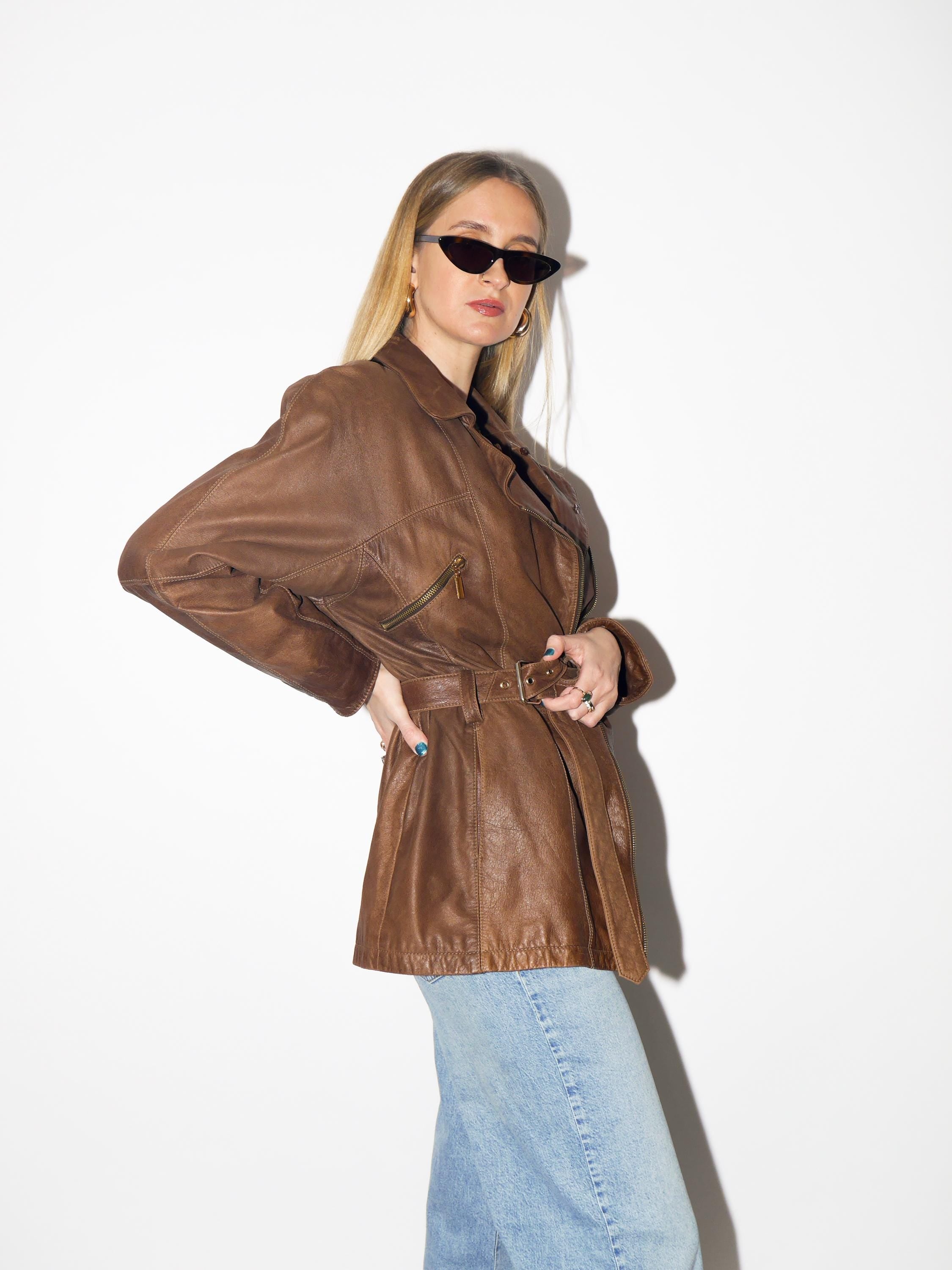 VINTAGE brown leather jacket from 1980s | soft leather bronze jacket with belt
