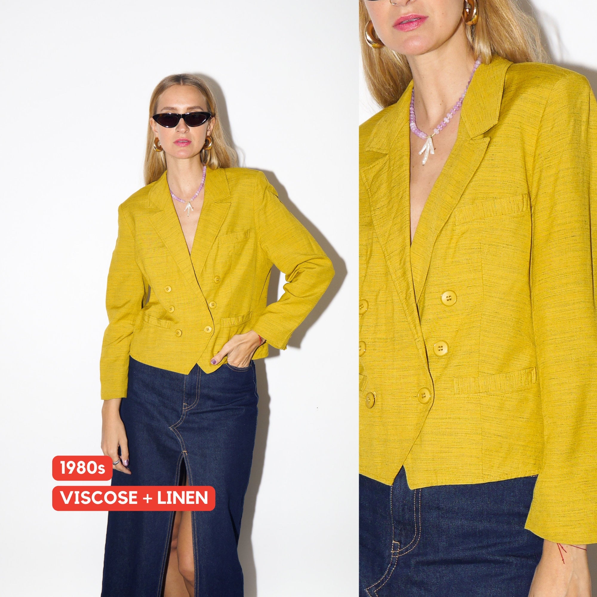 VINTAGE mustard viscose and linen womens short double-breasted blazer from 1980s | oversize retro blazer by Hokla Modell®