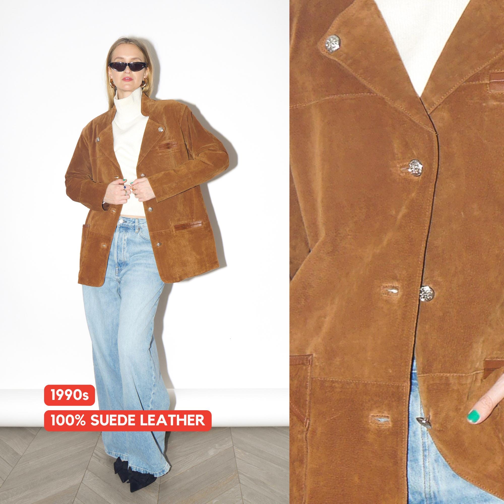 VINTAGE Brown Suede Leather Jacket from 1990s | Folk Style Orange Brown Jacket