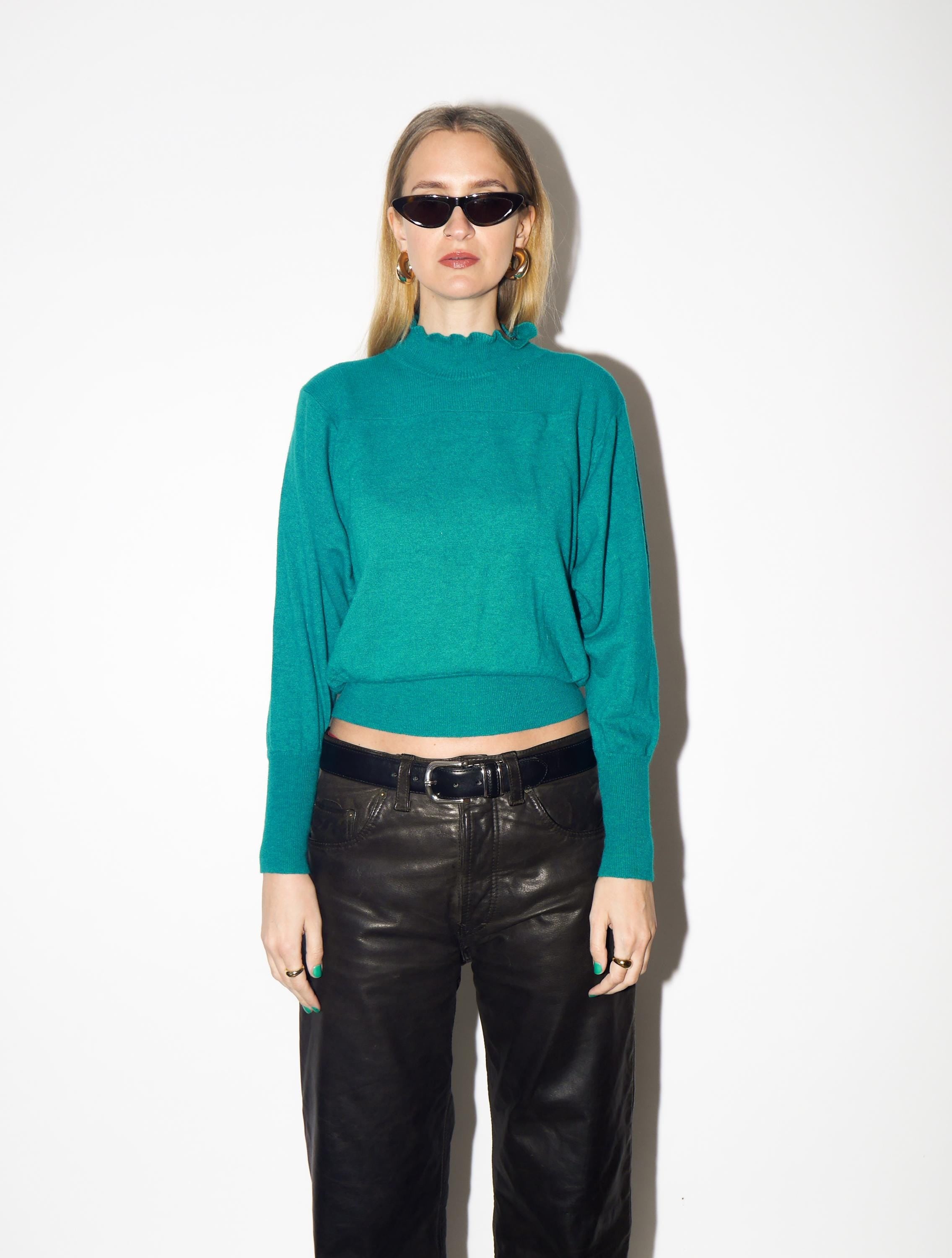 VINTAGE Wool and Angora Green Sweater from 1980s | Turtleneck Retro Warm Sweater