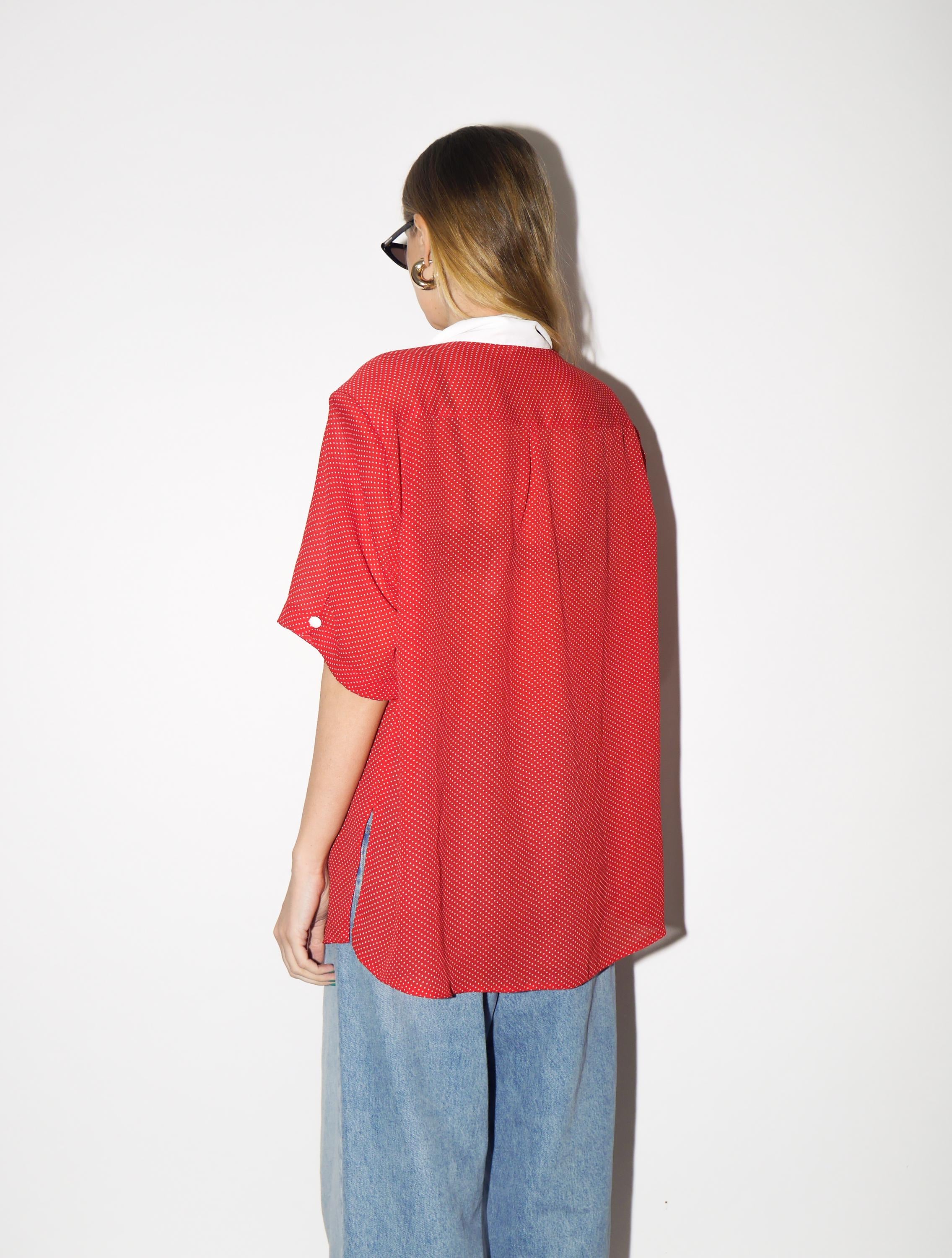 VINTAGE Red Polka Dot Blouse from 1980s | Oversized Short Sleeve Retro Shirt