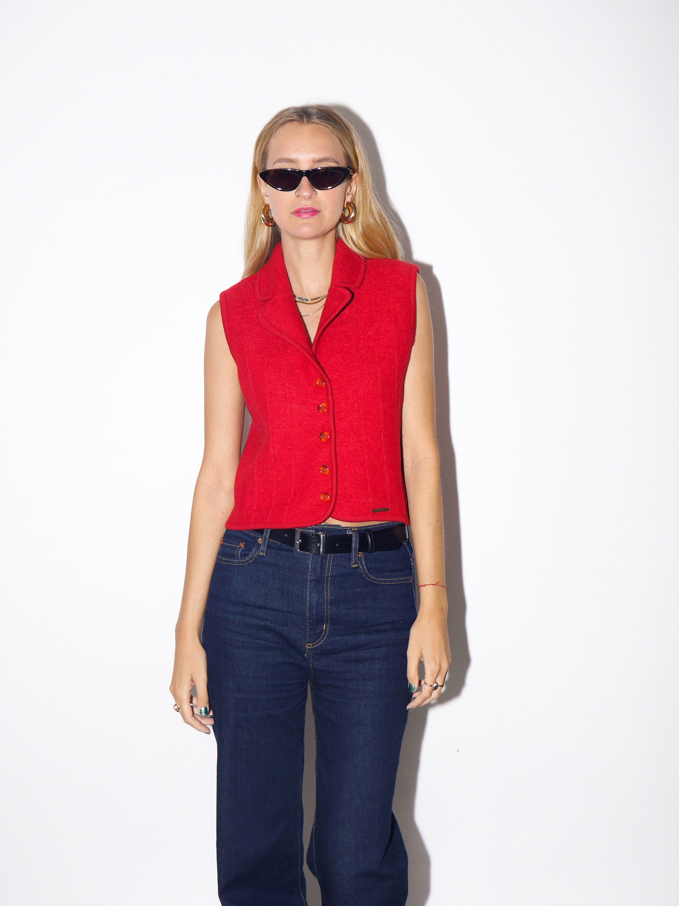 VINTAGE red 100% wool womens sleeveless polo shirt/vest  from 1980s by Geiger® with small metal logo label | premium quality red vest