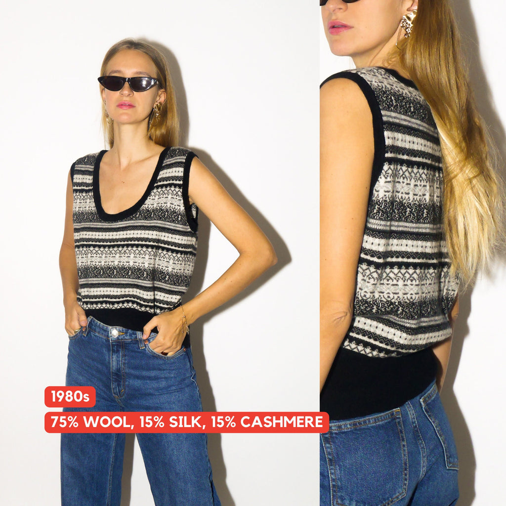 VINTAGE wool, silk & cashmere vest | pullover vest in black and white sweater pattern | oversize | knitted vest | cashmere vest | modopol