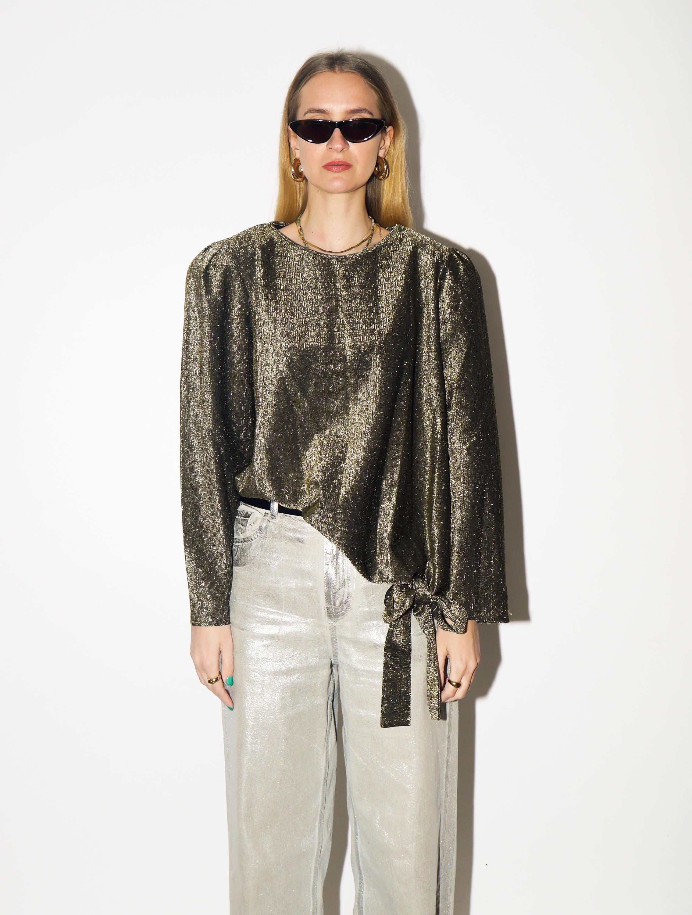 VINTAGE Gold Metallic Blouse from 1980s | Bow Detail & Big Shoulder Pads Blouse