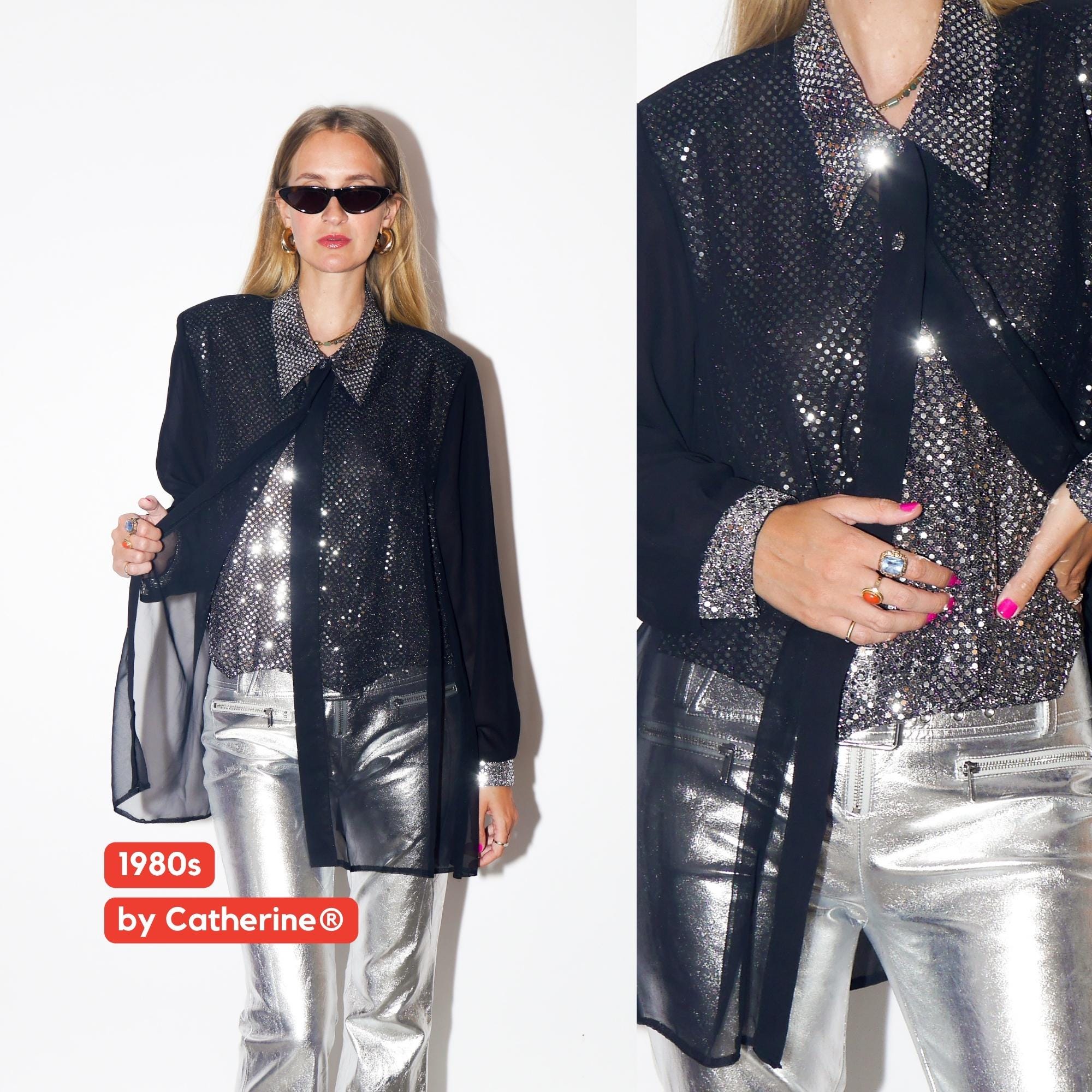 VINTAGE Oversized Black Sheer Shirt Blouse With Sequin Silver Vest From The 1980s By Catherine