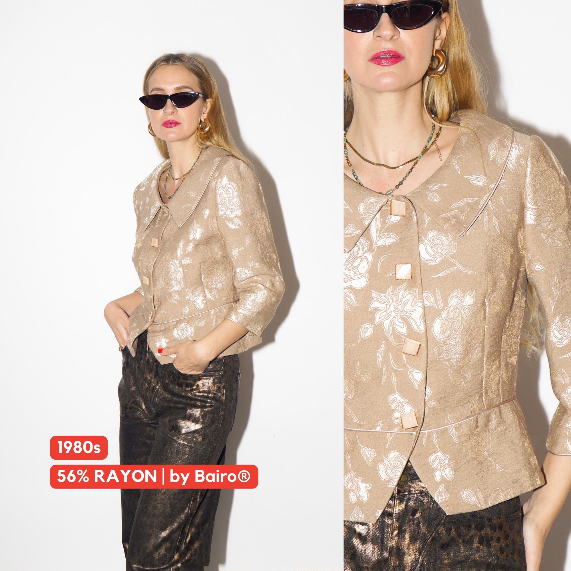 VINTAGE blazer in beige jacquard with shiny floral embroidery from 1980s