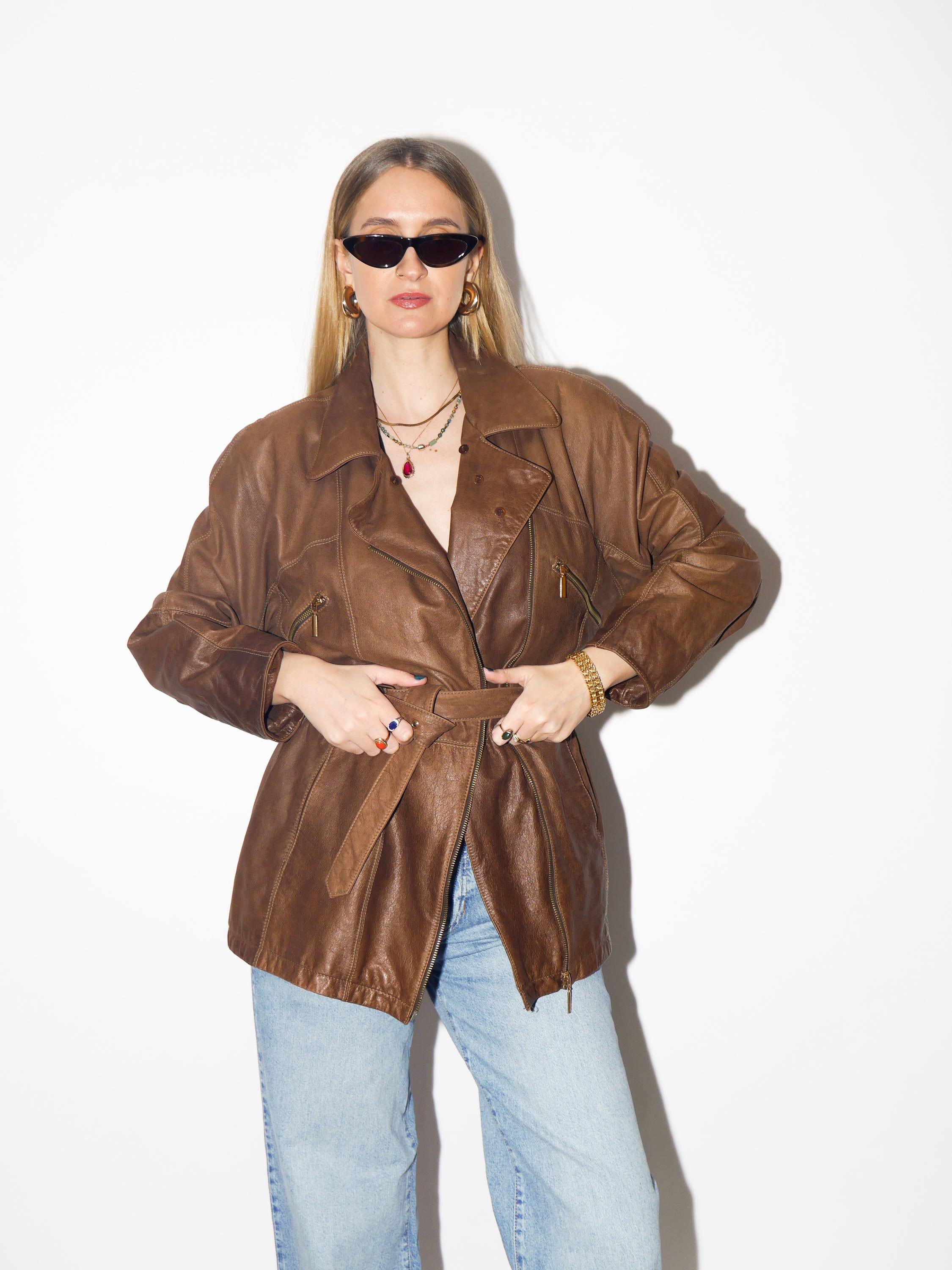 VINTAGE brown leather jacket from 1980s | soft leather bronze jacket with belt