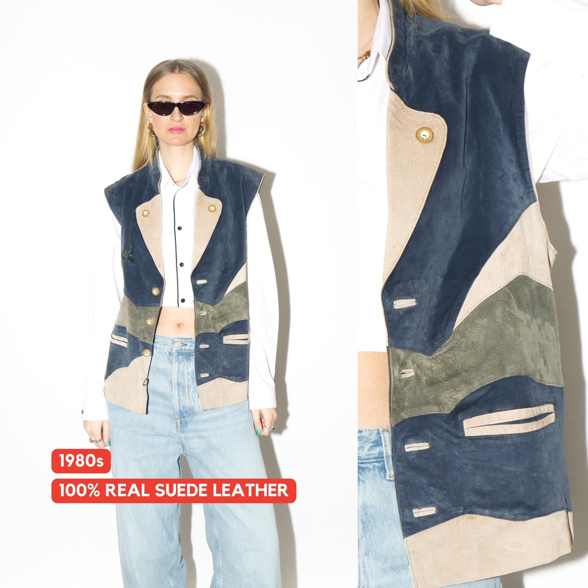VINTAGE suede Bavarian vest from 1980s | leather Tyrol navy, cream waistcoat