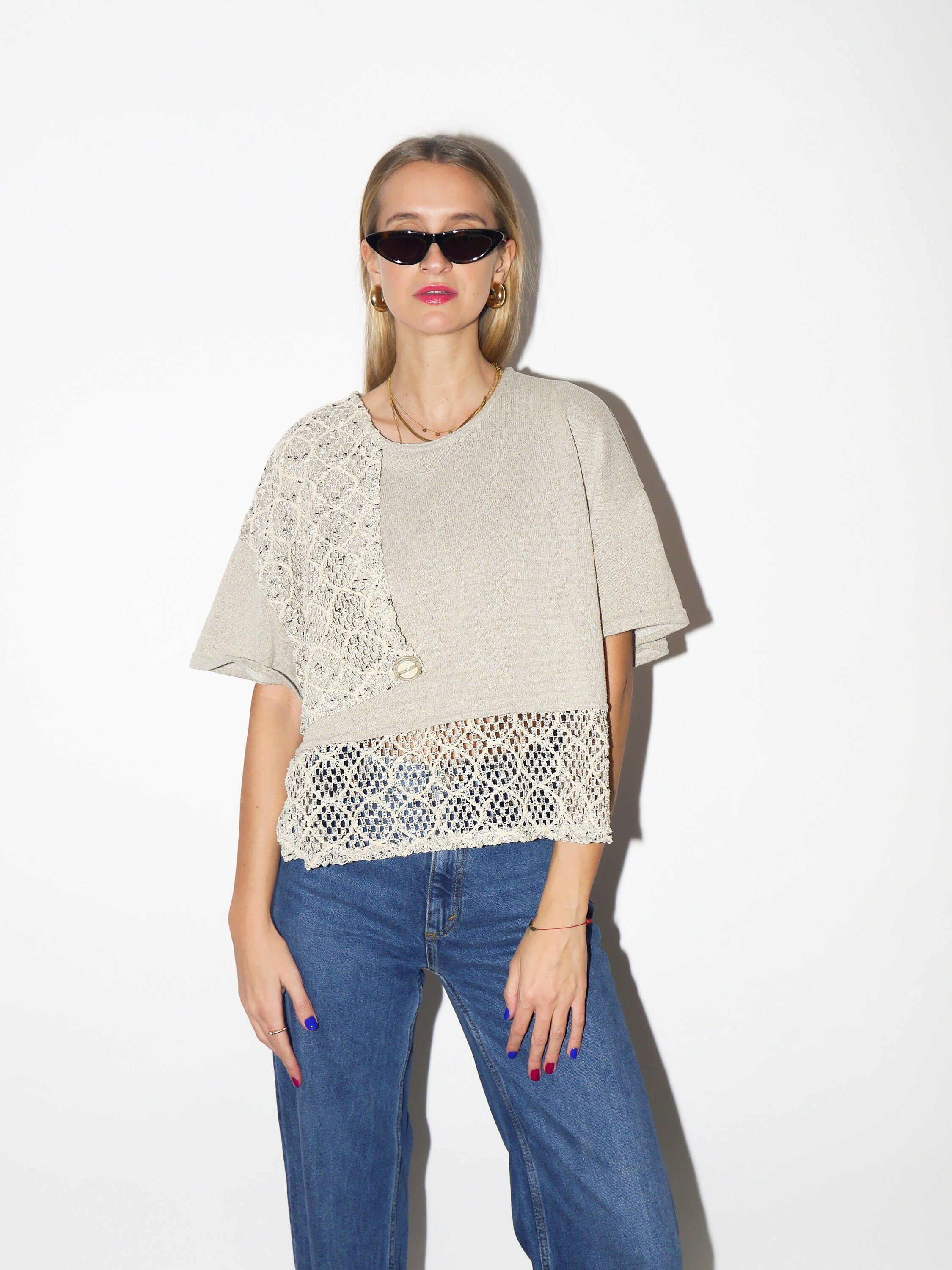 VINTAGE Lulu Paris sweater 1980s | beige crop oversize sweater | stylish short sleeve khaki sweater with openwork details