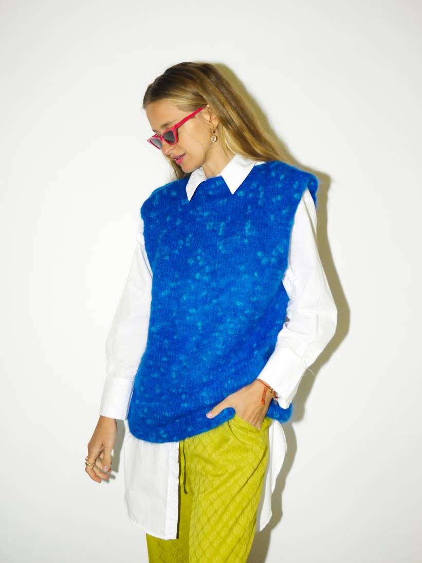 VINTAGE wool vest 1980s | handmade knitted wool sweater | blue warm sweater | sweater vest | blue vest | retro handmade vest | modopol
