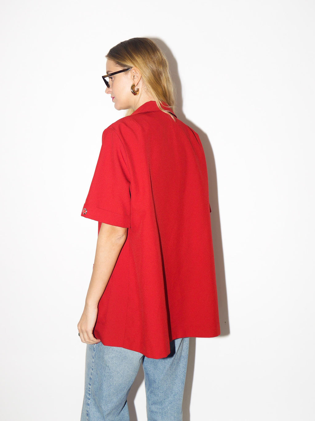 VINTAGE red blazer from 1980s, long blazer with short sleeve and gold buttons