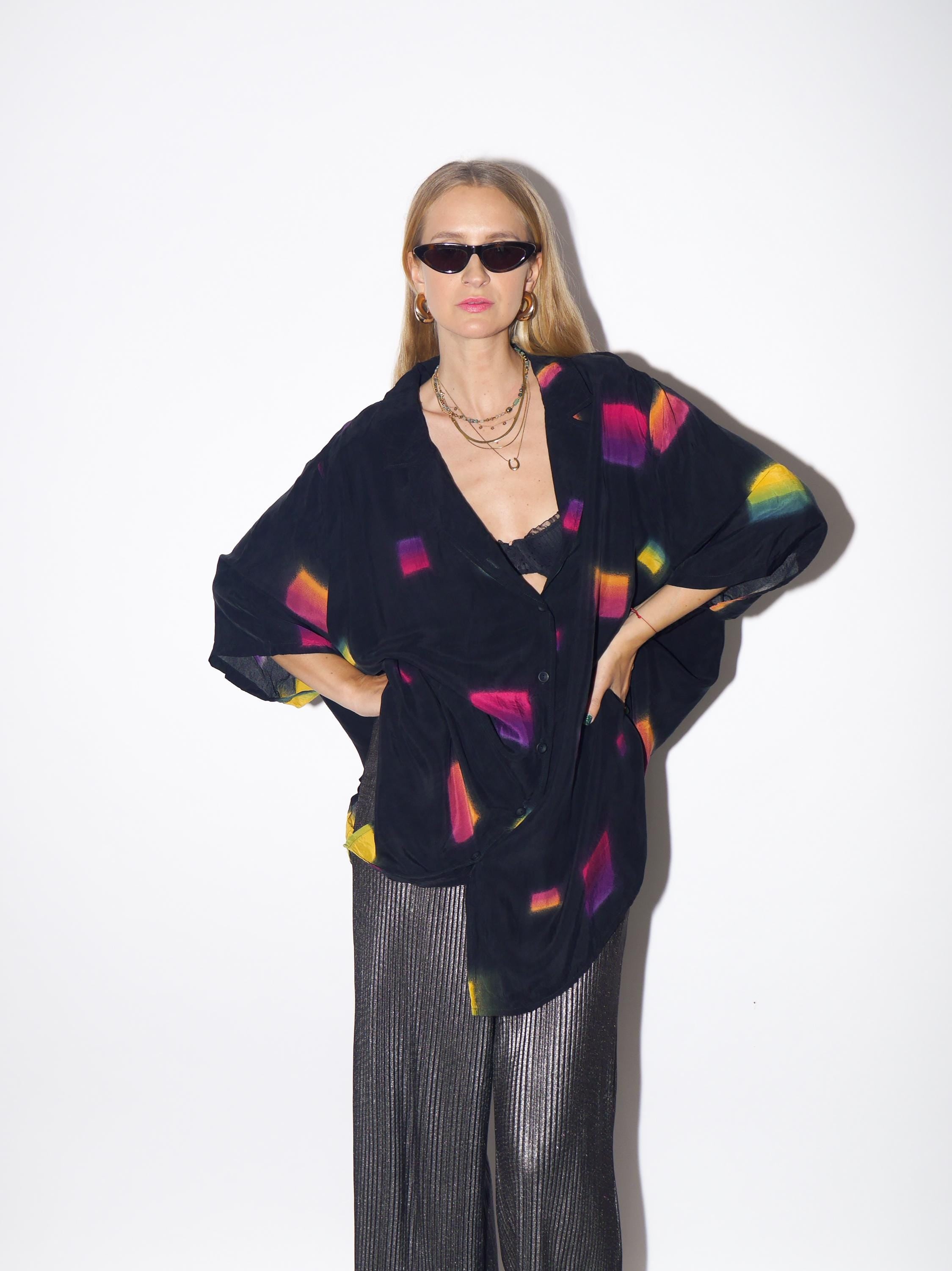 1980s Black Cupro Viscose Oversize Shirt - Vintage Buttoned Shirt with Painted Squares by Ulla Popleen, Retro Fashion Clothing for Women