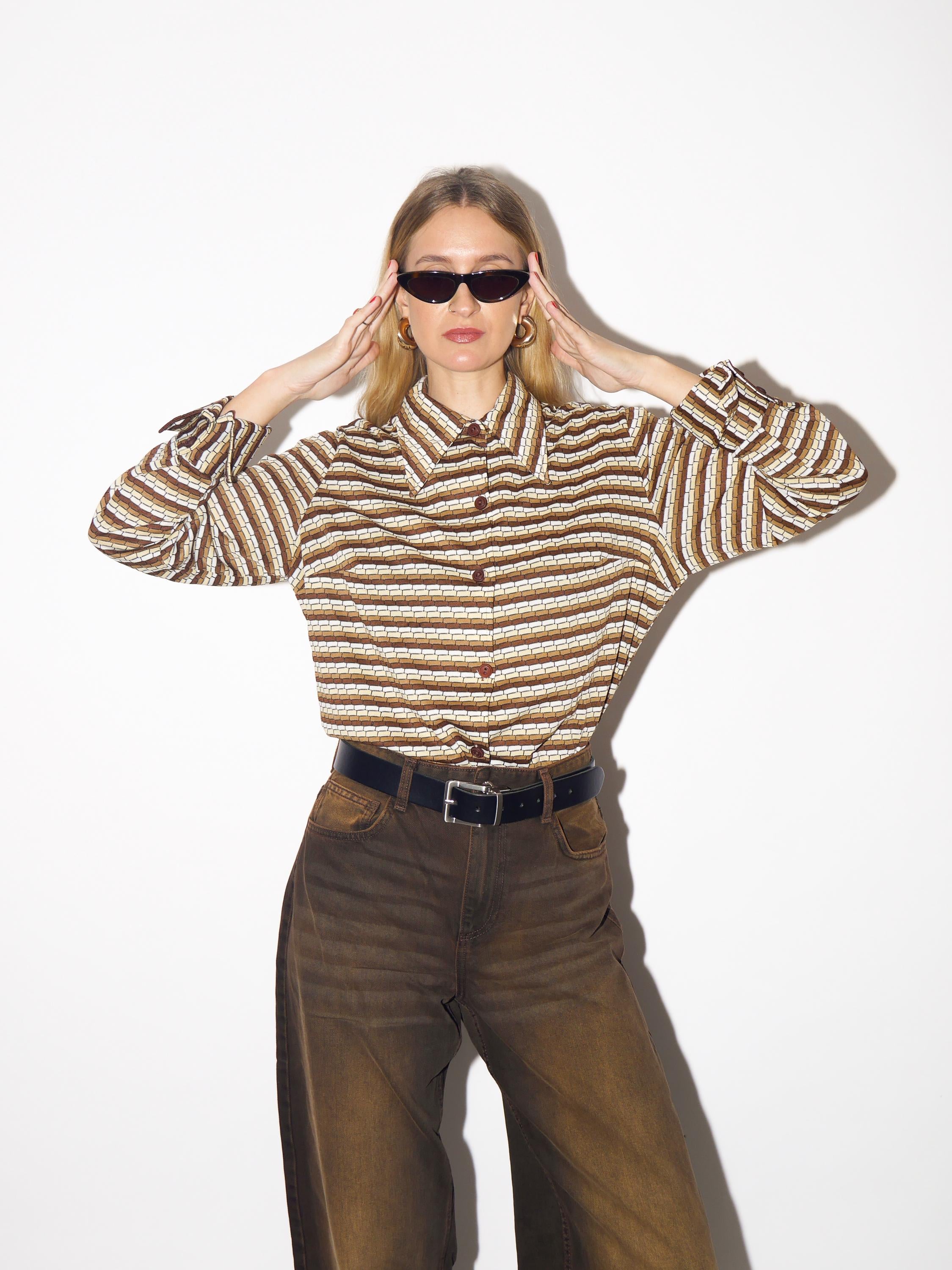 VINTAGE blouse from 1970s with statement collar in beige brown stripes by Apart®