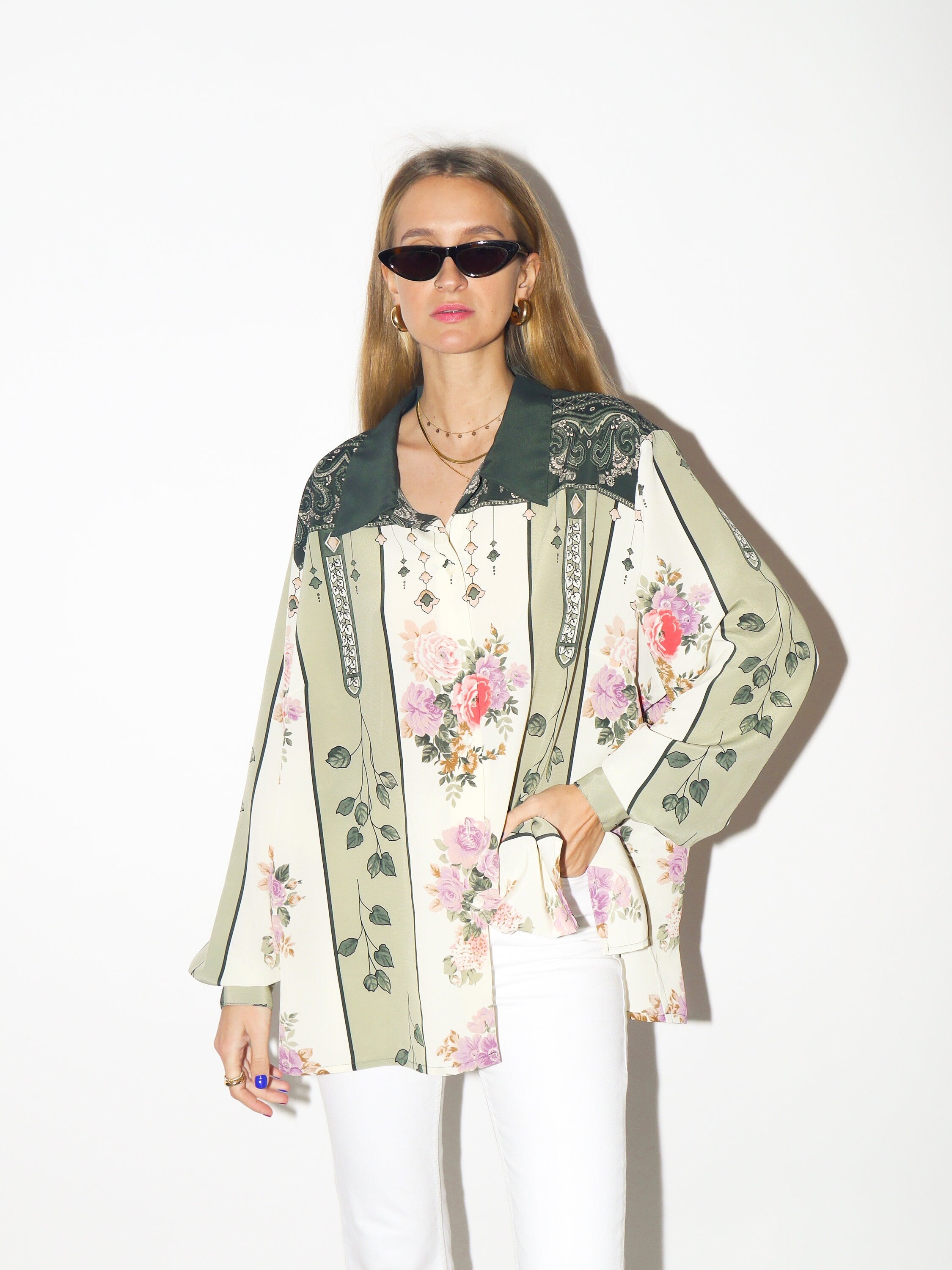 VINTAGE shirt 1980s | Chris B vintage blouse | long sleeve | floral pattern blouse | floral shirt | oversize retro shirt | vintage shirt