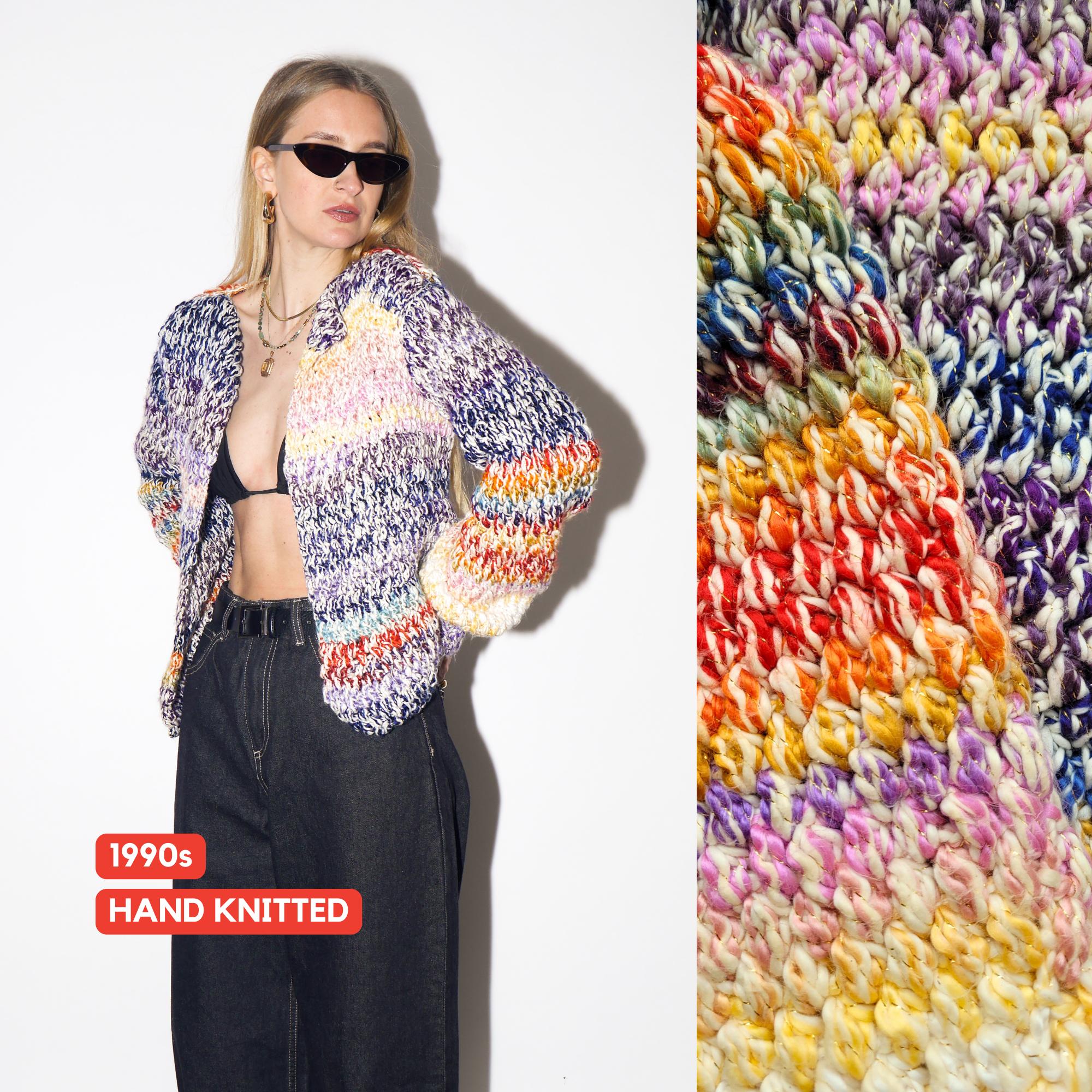 VINTAGE Rainbow Chunky Sweater from 1990s | Handmade Knitted Cardigan
