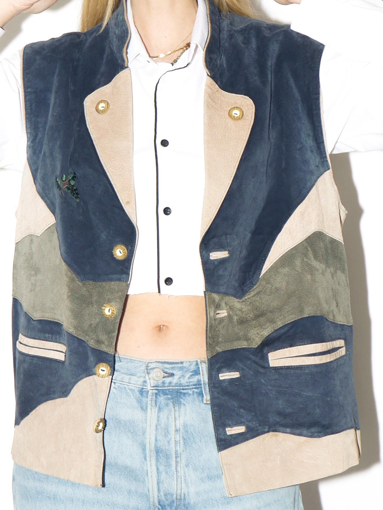 VINTAGE suede Bavarian vest from 1980s | leather Tyrol navy, cream waistcoat